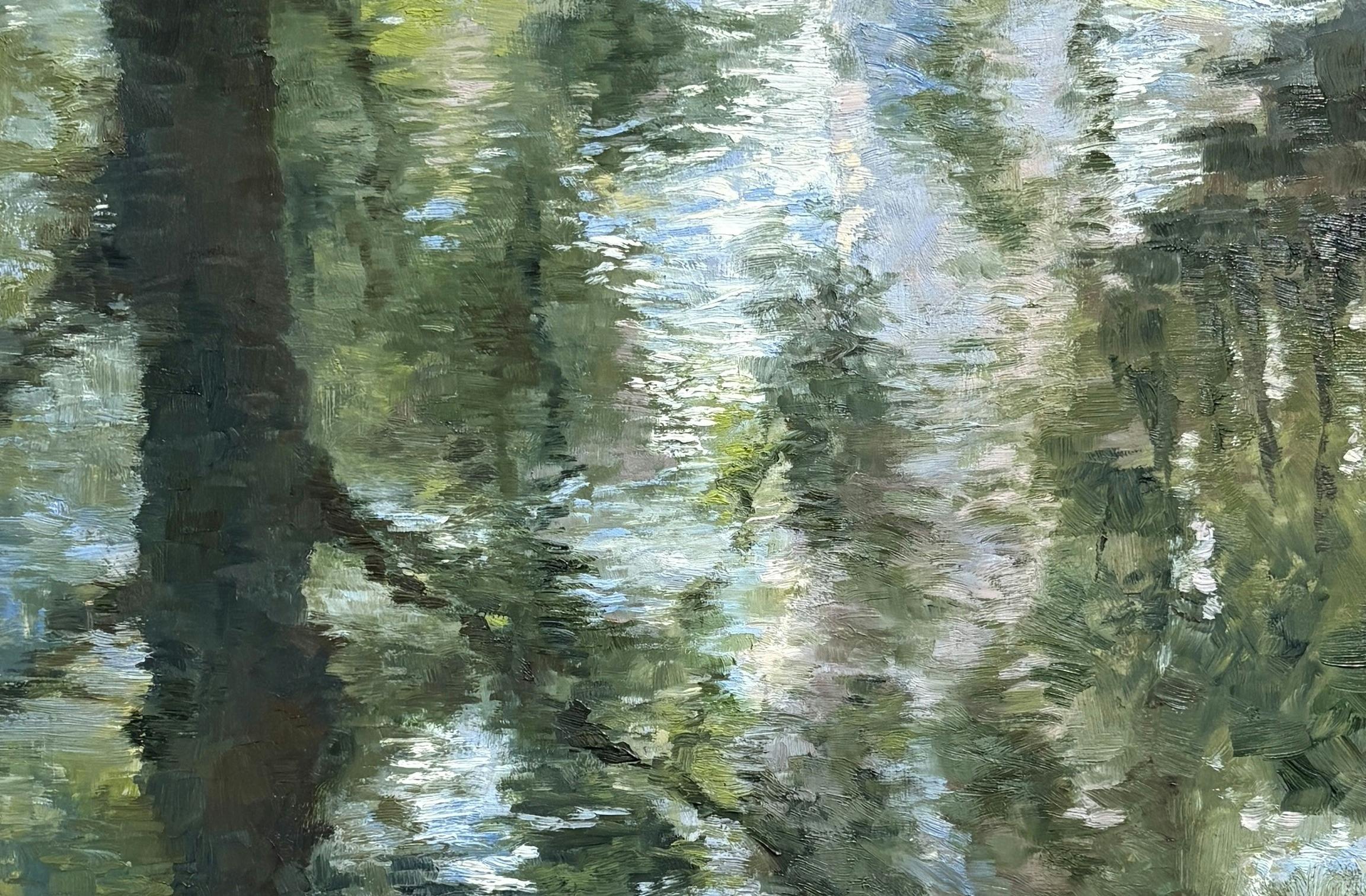 Oil painting of reflections of trees in water