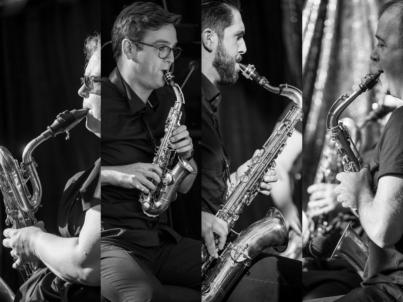 A composition of four black and white photos of saxaphone players