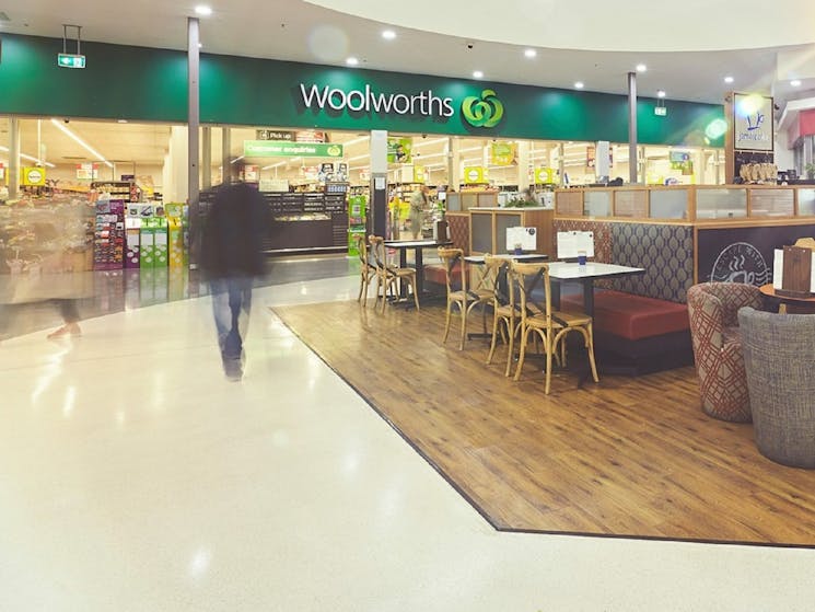 inside of Marketfair Campbelltown showing Woolworths supermarket and Jamaica blue cafe