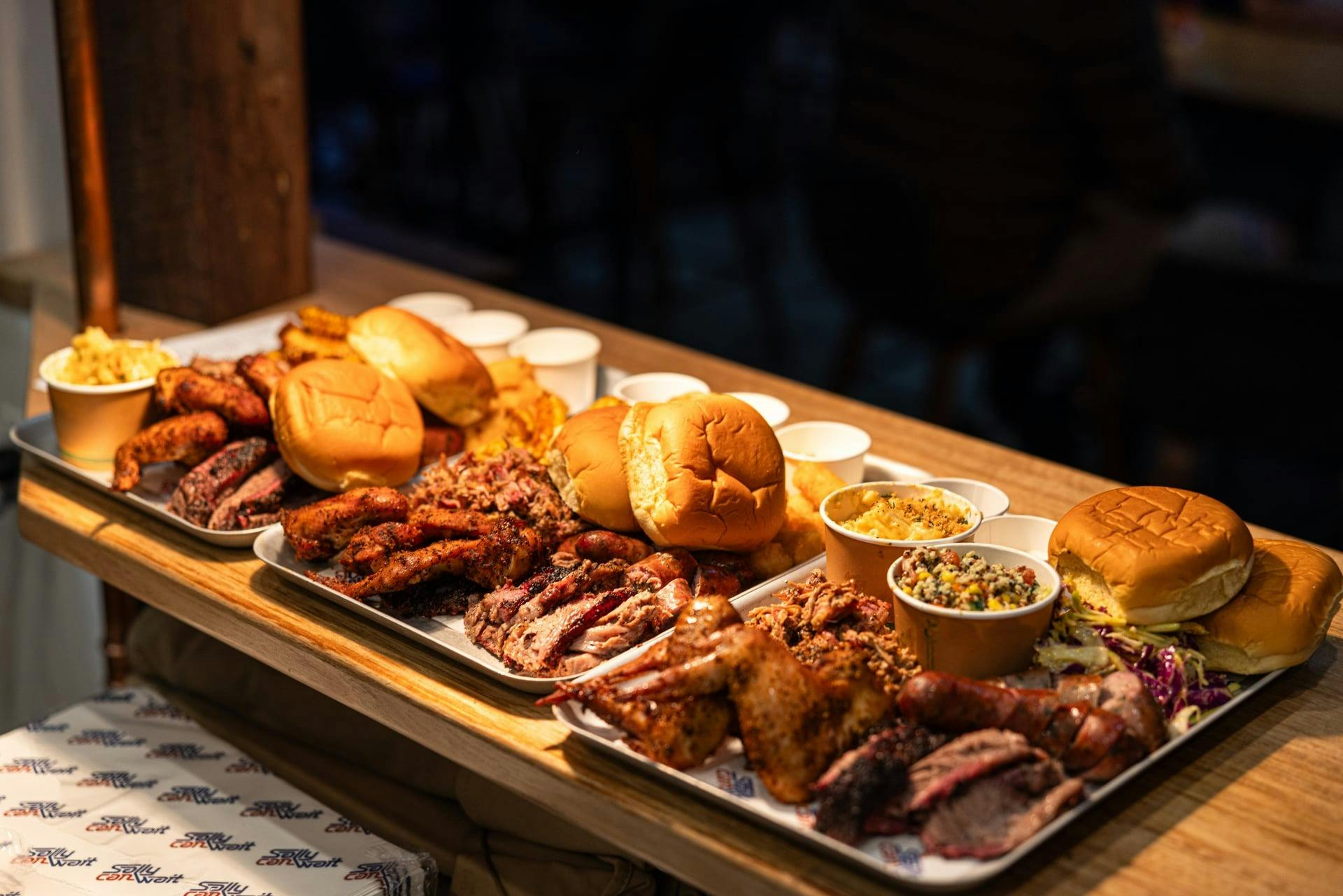 Smoked meat platter, authentic style Texas BBQ.