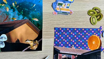 A photograph of collage pictures surrounded scissors and cut out images