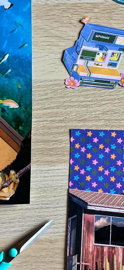 A photograph of collage pictures surrounded scissors and cut out images