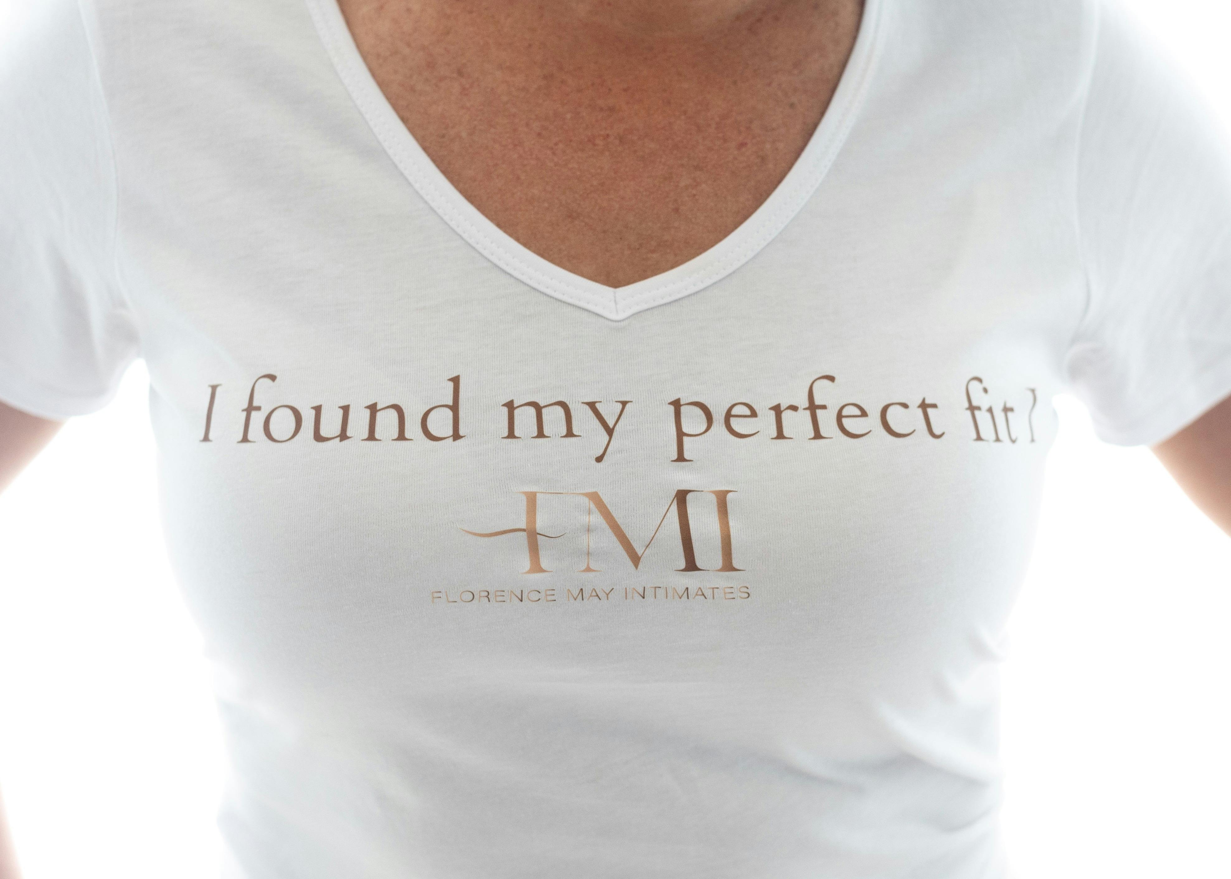 Photo with a model wearing a t-shirt saying I found my perfect fit at Florence May