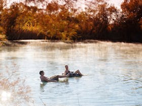 2 people float in the water at Dalhousie Springs, Witjira National Park