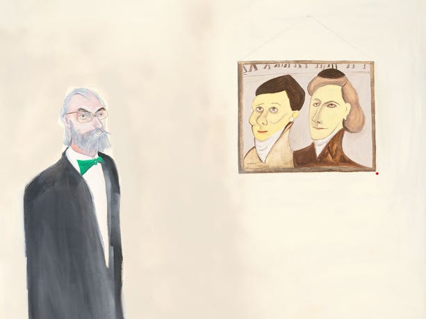 A painting of a man with a grey beard and a green bowtie who stands in front of a hanging portrait.