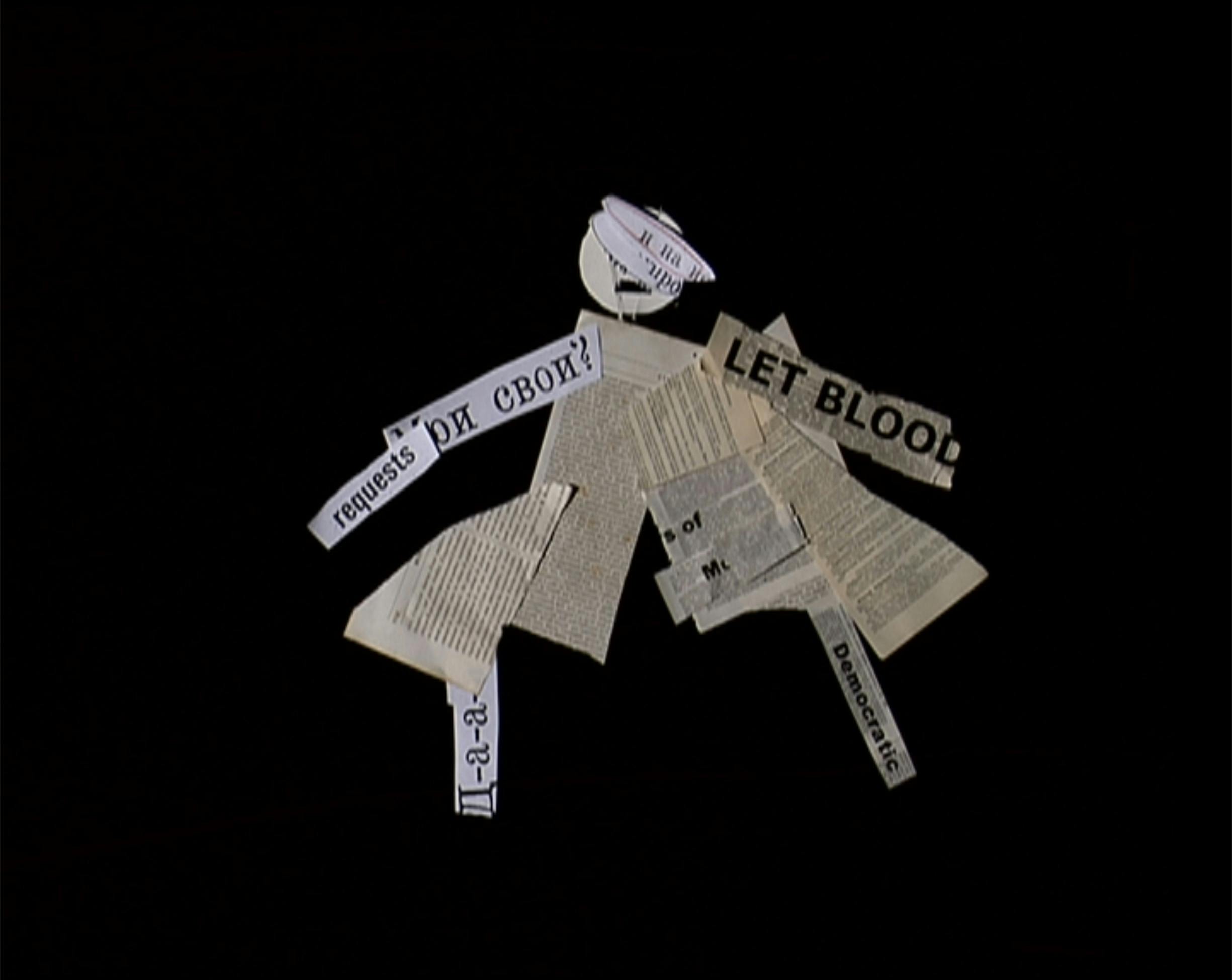 A collage figure of a person made from text cut from newspaper