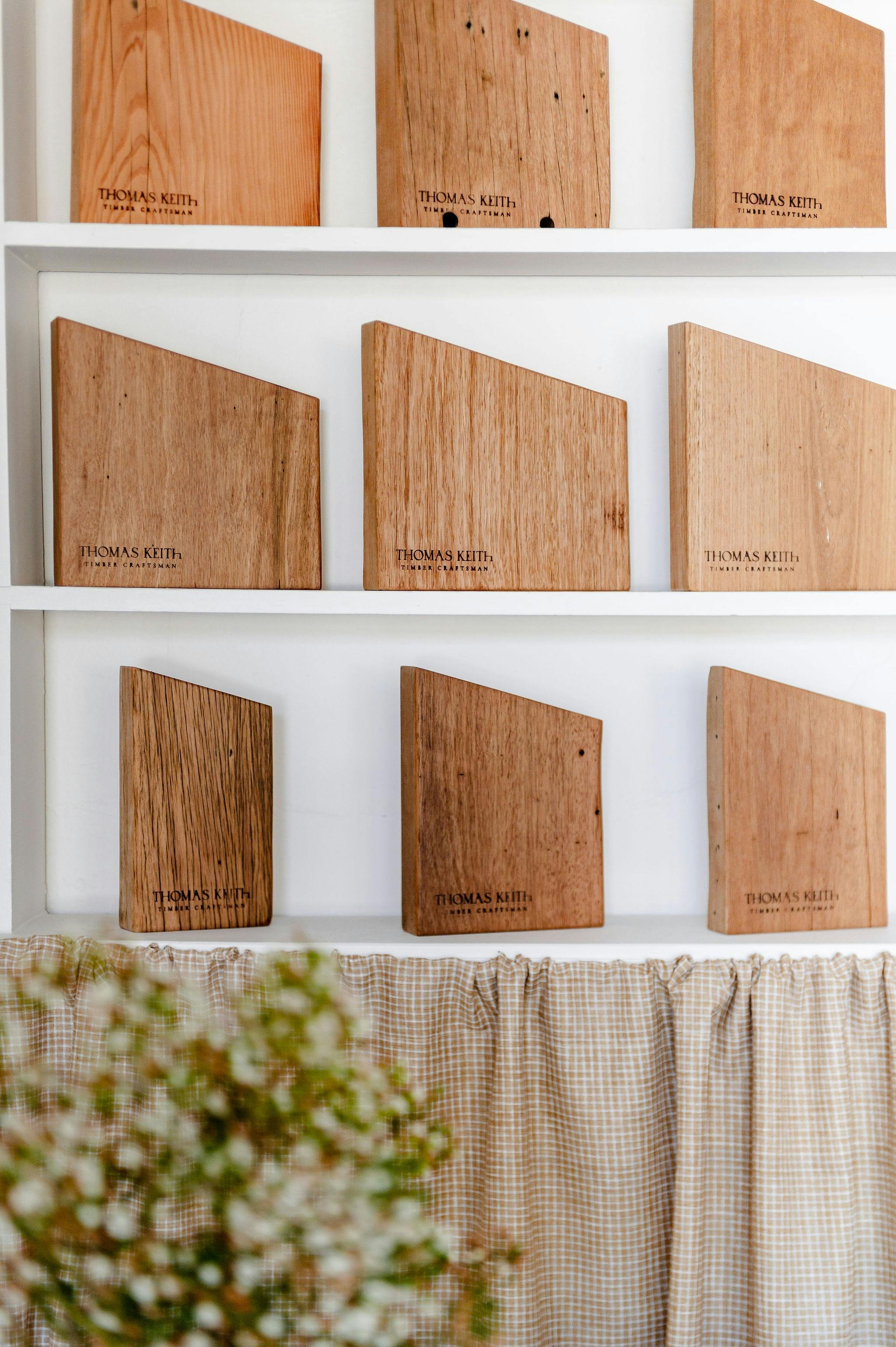 Samples of reclaimed Australian hardwood on display in the Thomas Keith showroom and design studio.