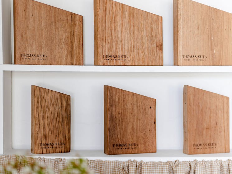Samples of reclaimed Australian hardwood on display in the Thomas Keith showroom and design studio.
