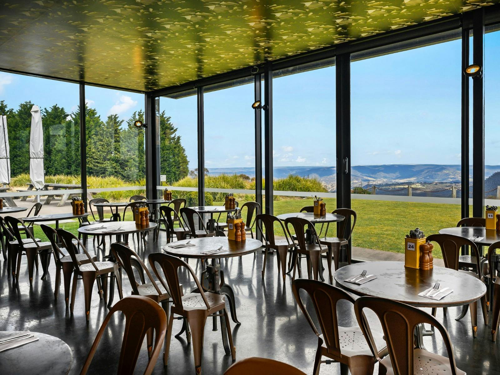 The Boiler House Restaurant set for lunch with a view of Megalong Valley.