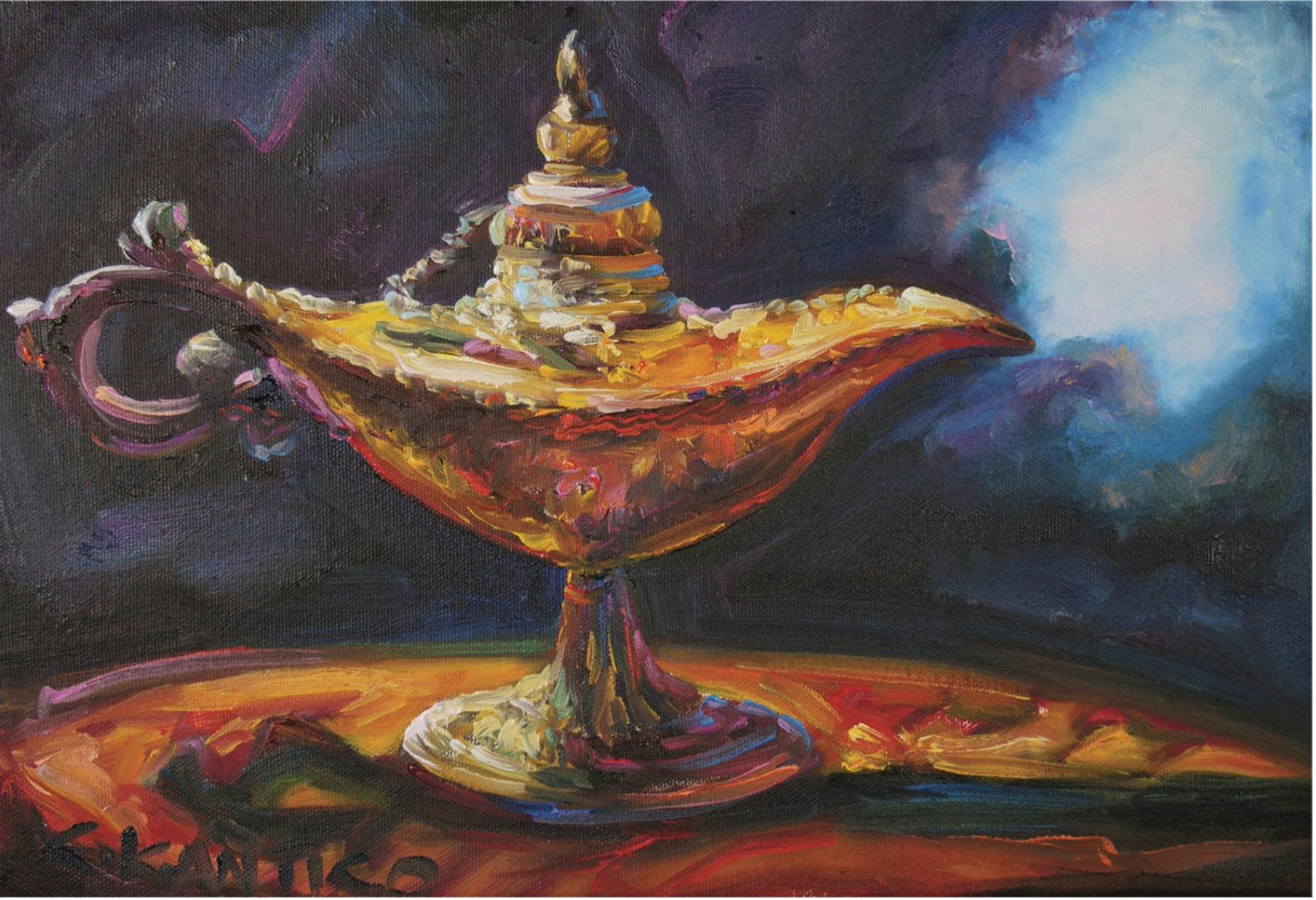 A beautiful painting by Concetta Antico of a lamp, oil on canvas