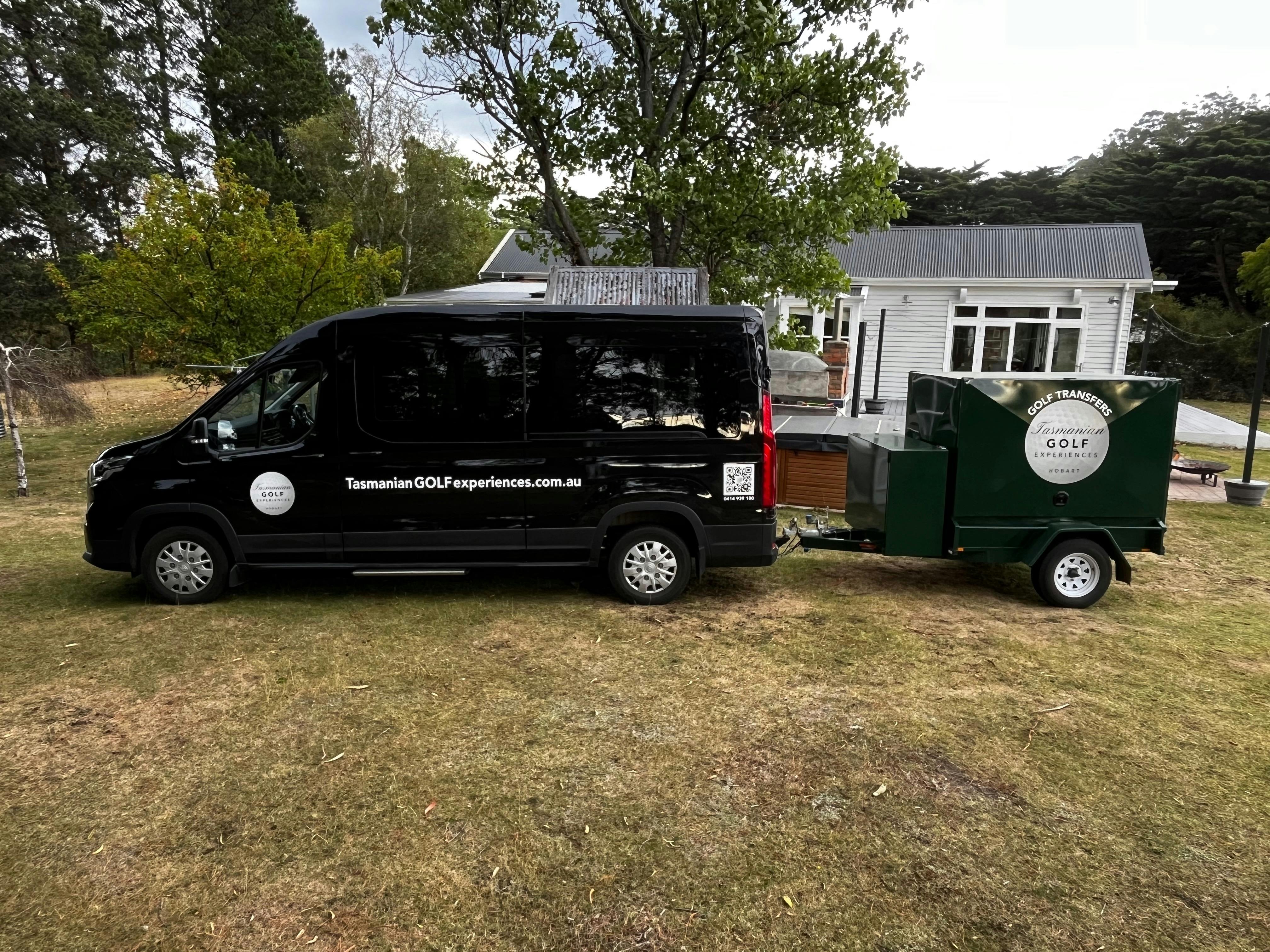 Minibus with custom golf trailer