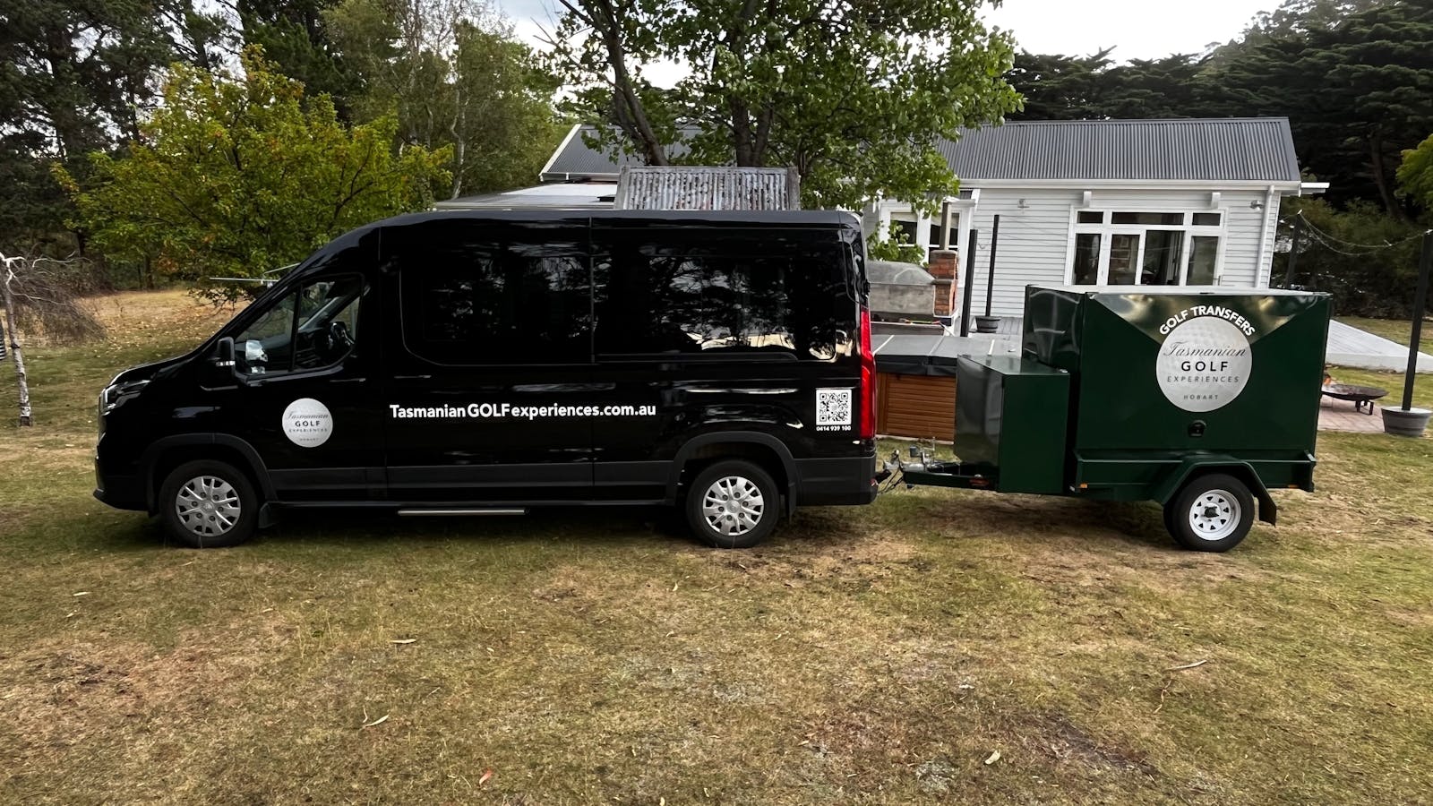 Our 12-seat minibus with custom-built golf trailer