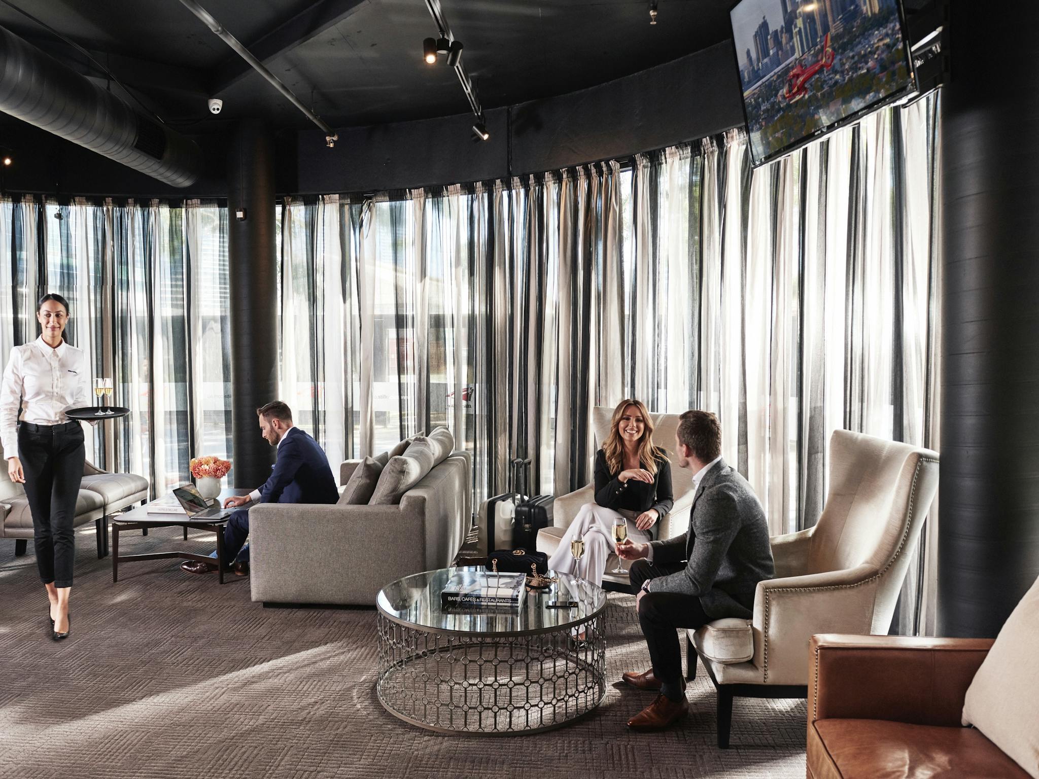 Luxurious departure lounge where passengers will enjoy a glass of champagne and meet their pilot