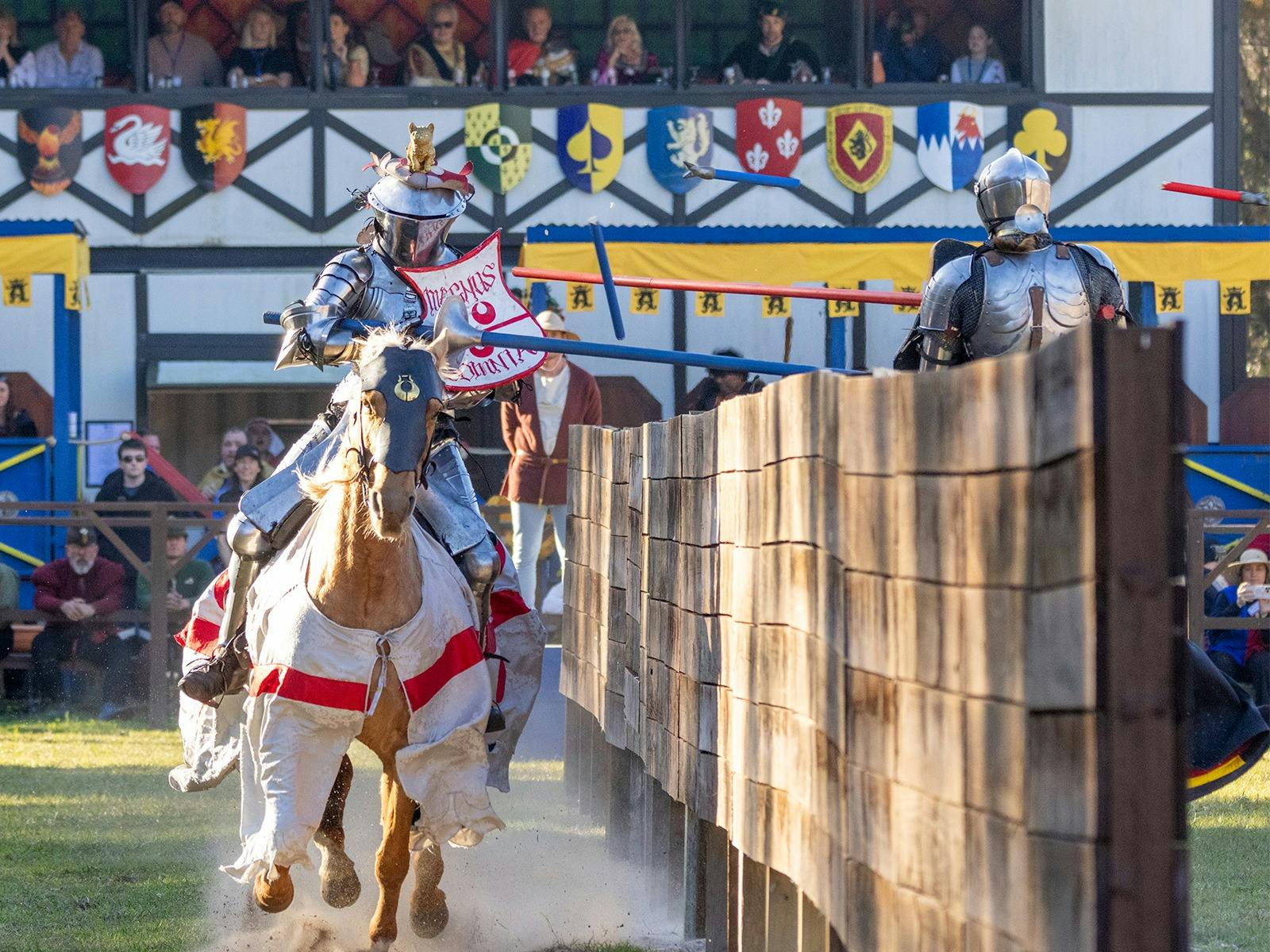 Two jousters are in full armour riding horses down a list. The lances have shattered. Two jousters are in full armour riding horses down a list. The lances have shattered.