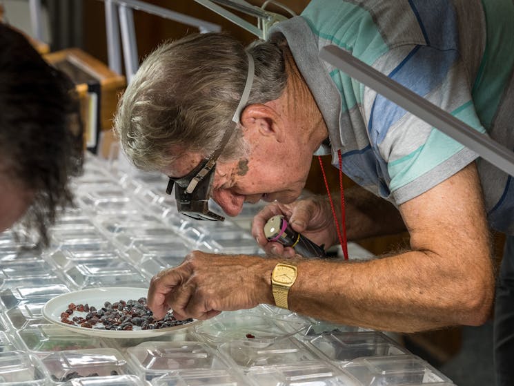 Man identifying gemstones quality at his stall at Minerama
