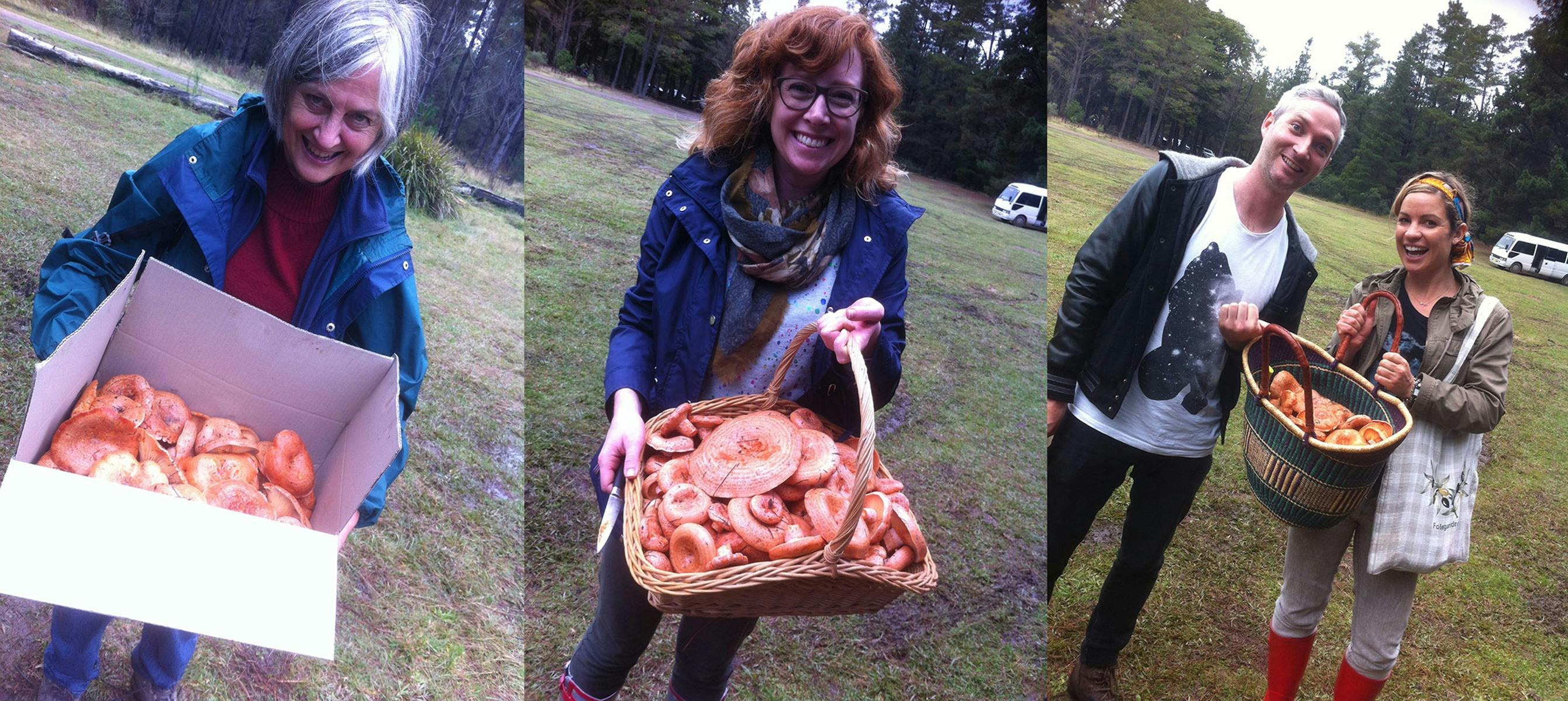 Three sets of happy foragers with basket full of mushrooms