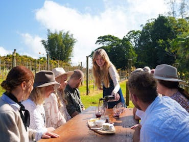 guests outside at table being poured wine guests outside at table being poured wine