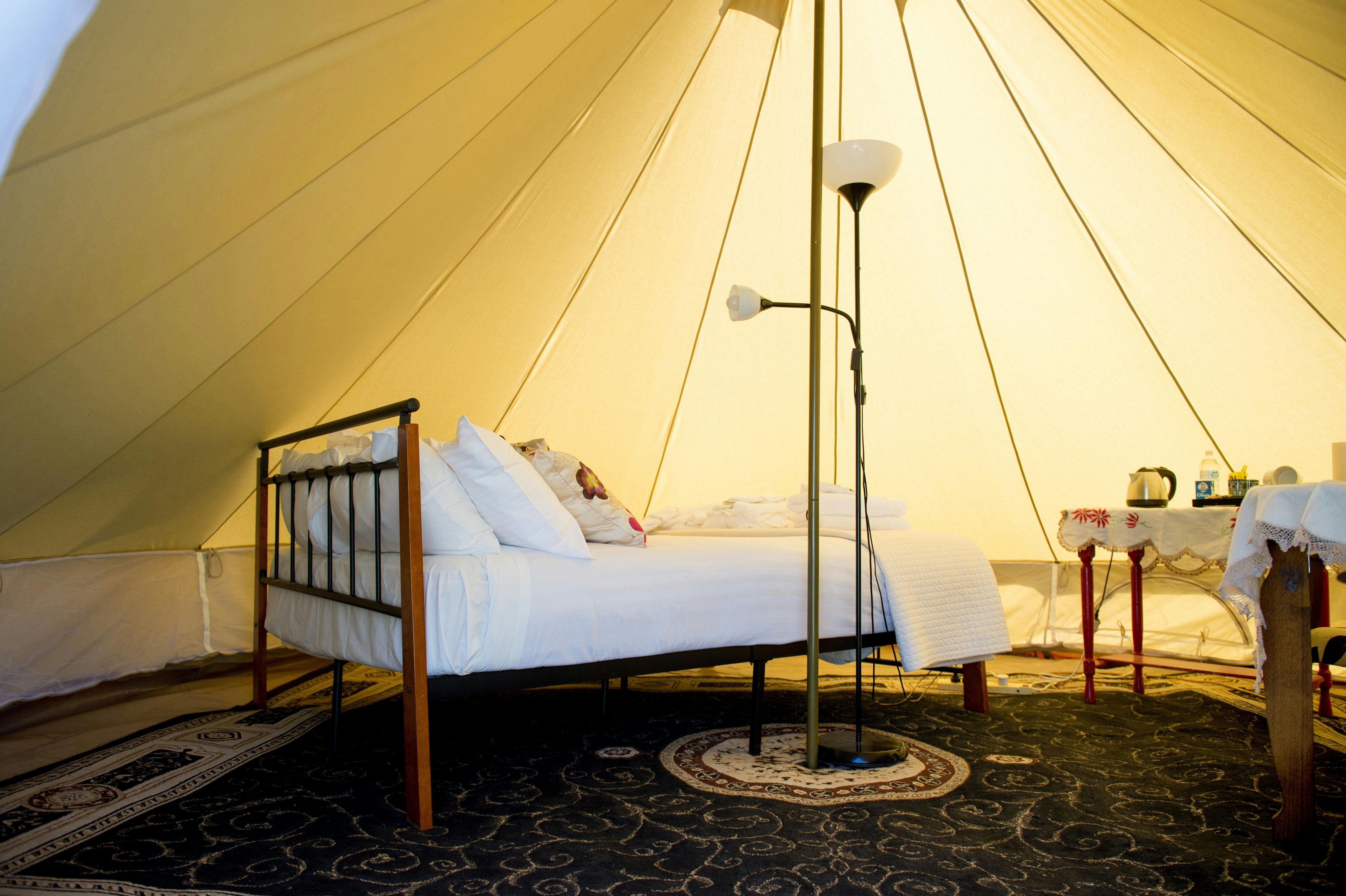 Cunnamulla glamping experience, roomy luxury Bell Tent with all the modern luxuries of hotel
