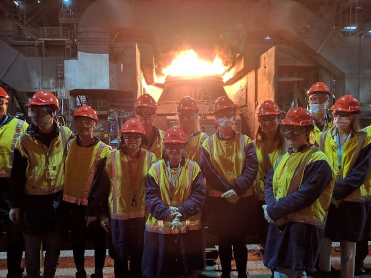 Tour participants viewing steel beinng made at the BOS (Basic Oxygen Steel making.)