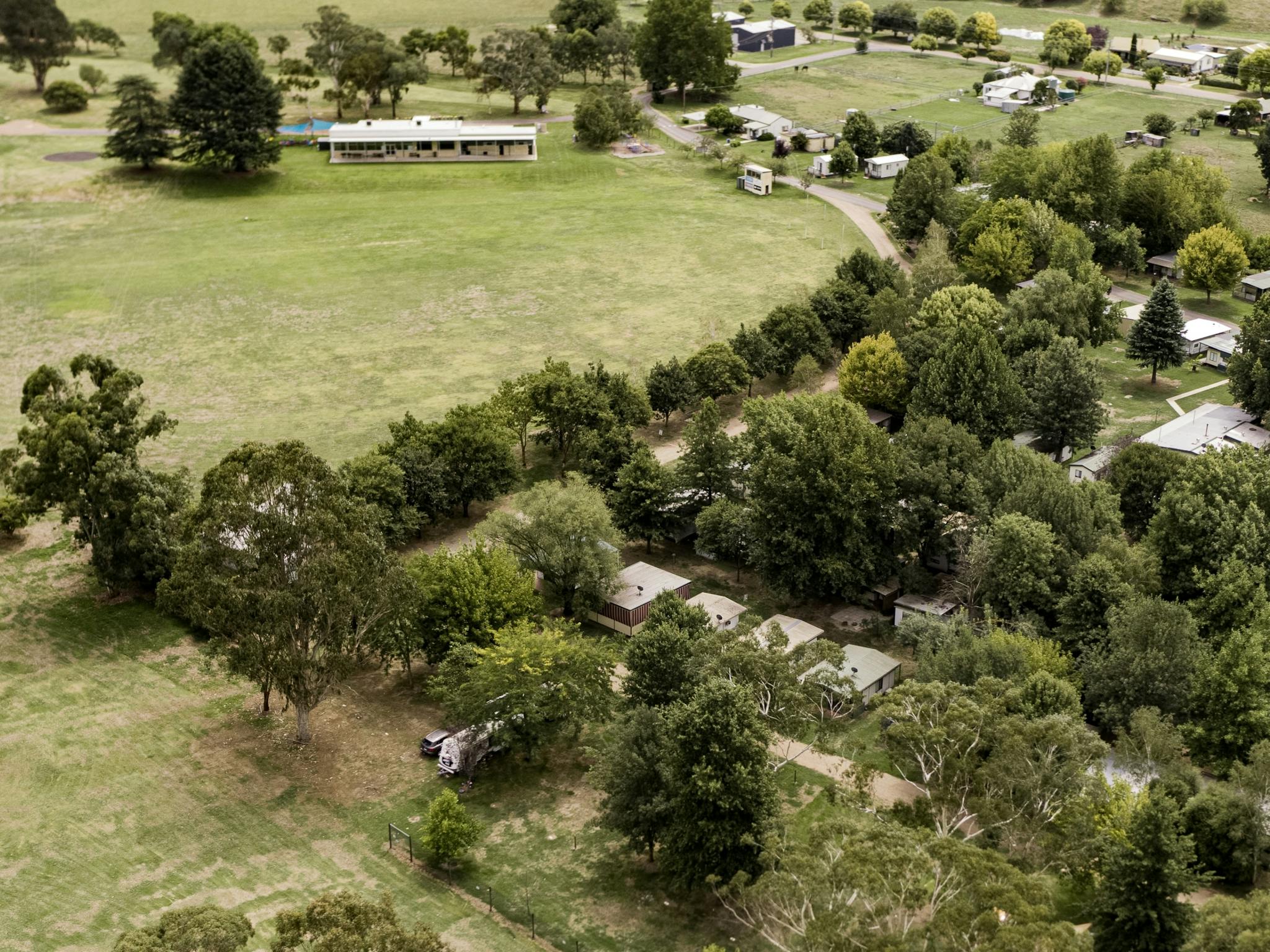 Aerial view of main powered sites at Mitta Mitta Caravan Park