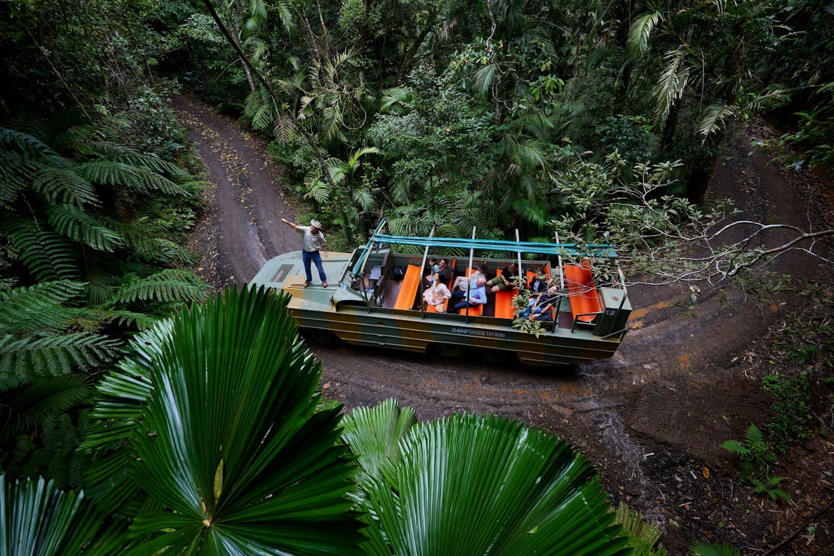 Aerial view of an Army Duck inside tropical rainforest, guide explaining the flora to passengers