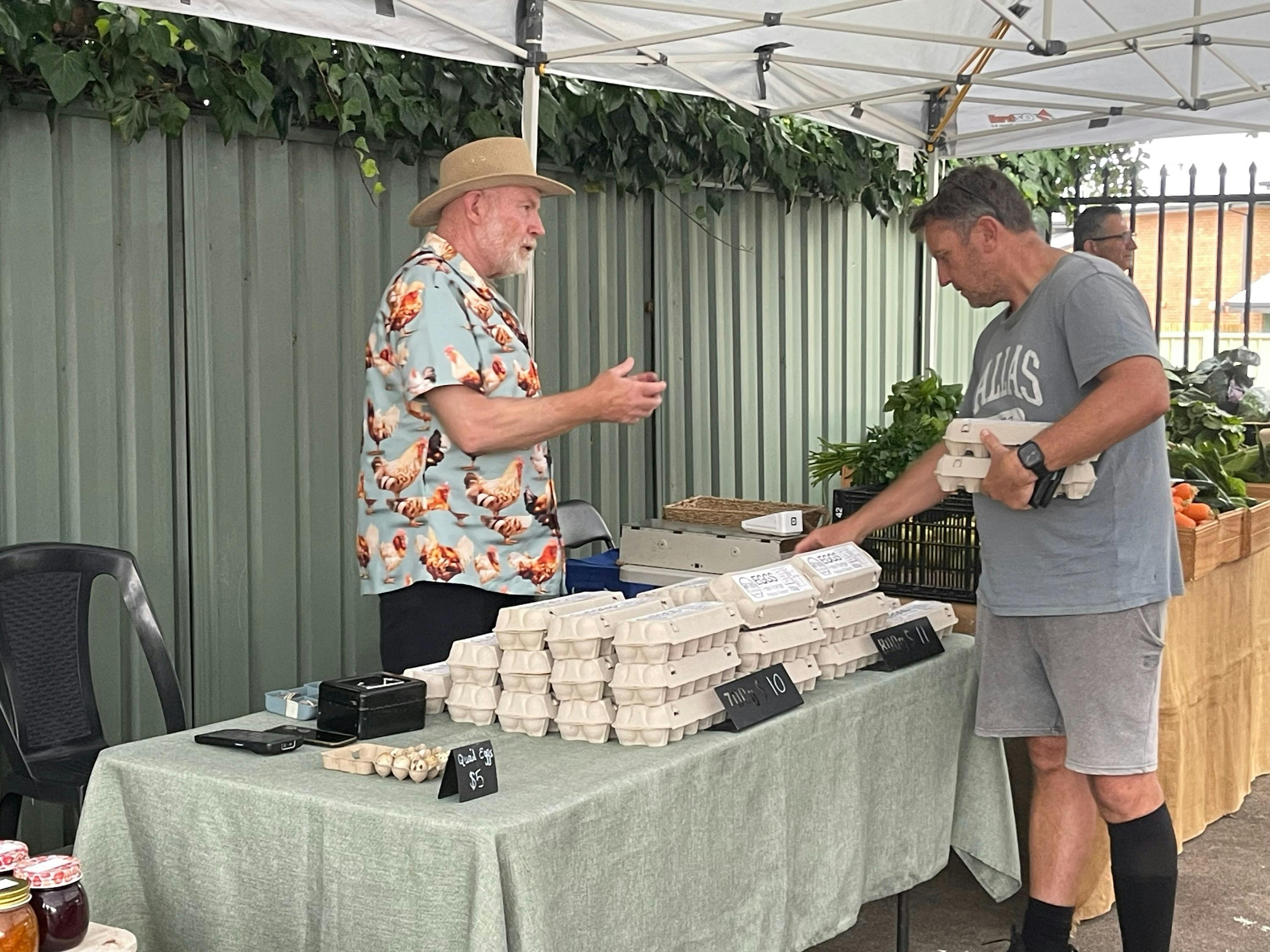 Marty from Mullion Creek Farm selling his eggs from free range, pasture raised, happy chickens