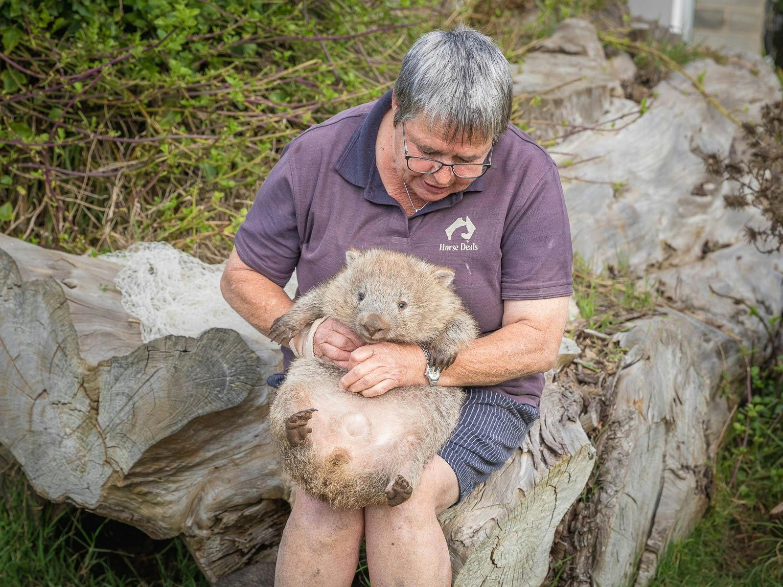 the woman is holding a wombat