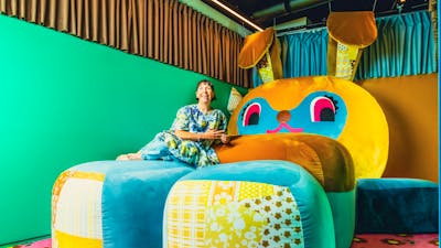 Beci Orpin with her artwork Bunny Dearest
