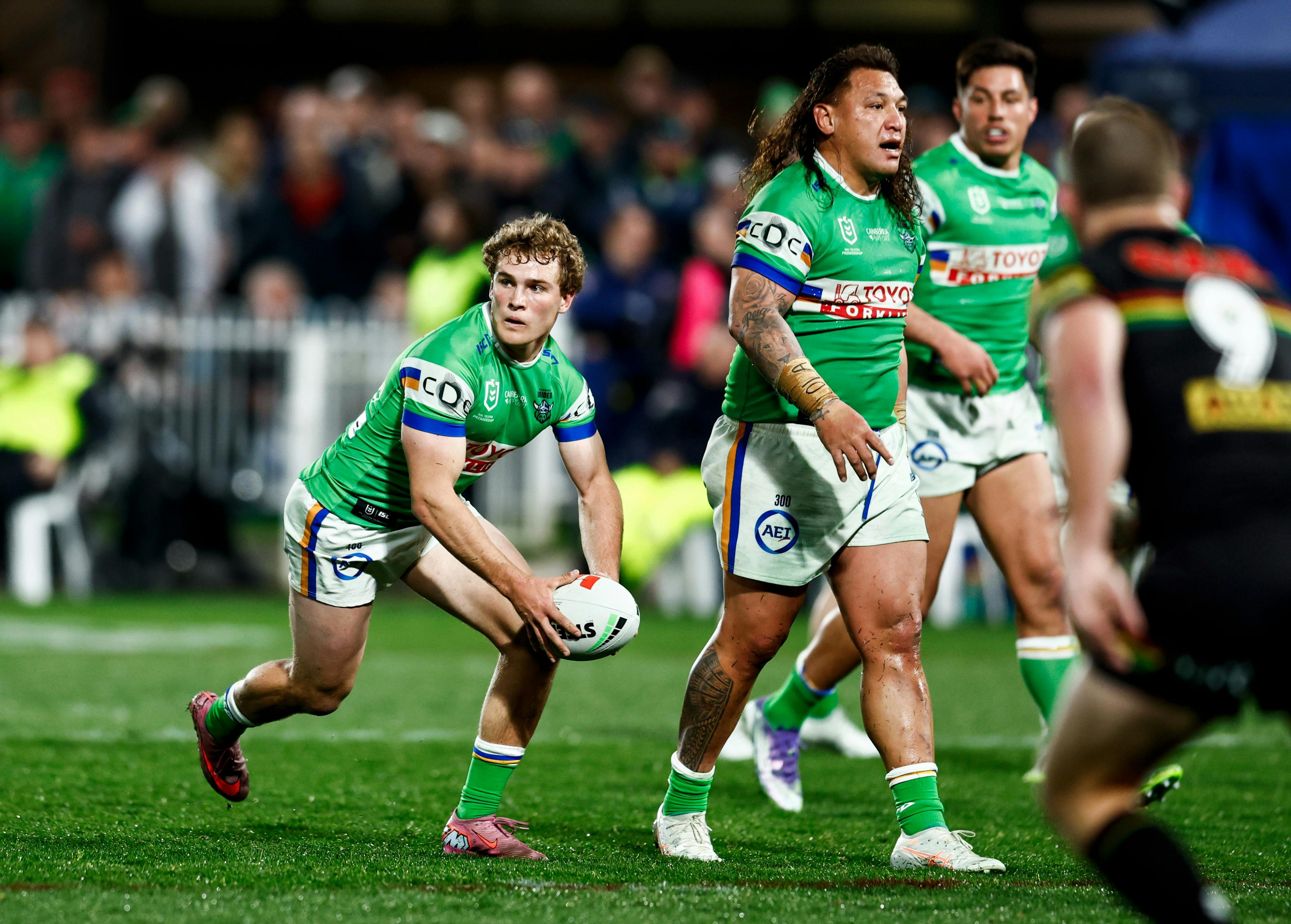 Canberra Raiders player Owen Pattie running the ball.
