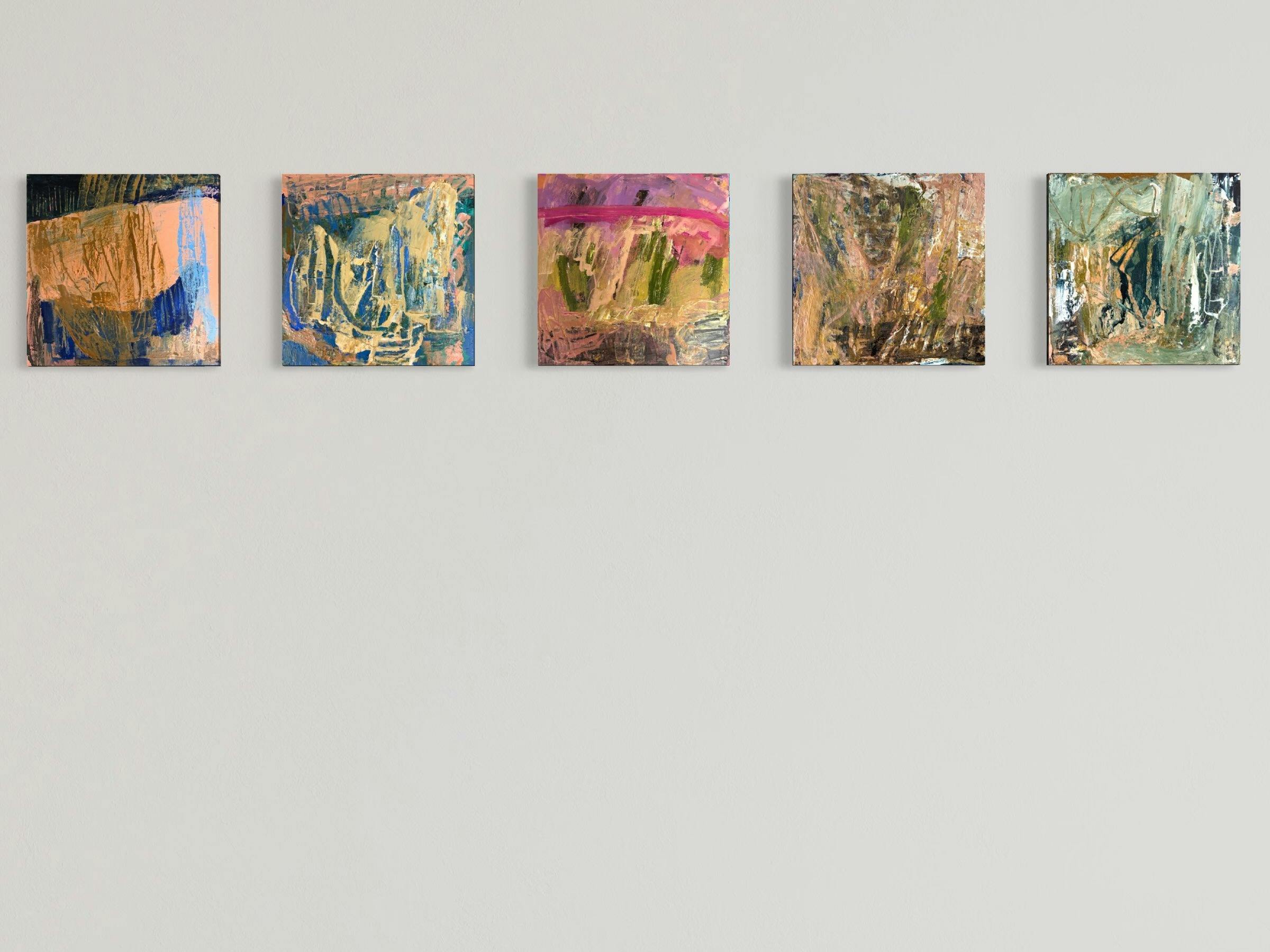 Five small abstract works by Bec Talbot hung in a row