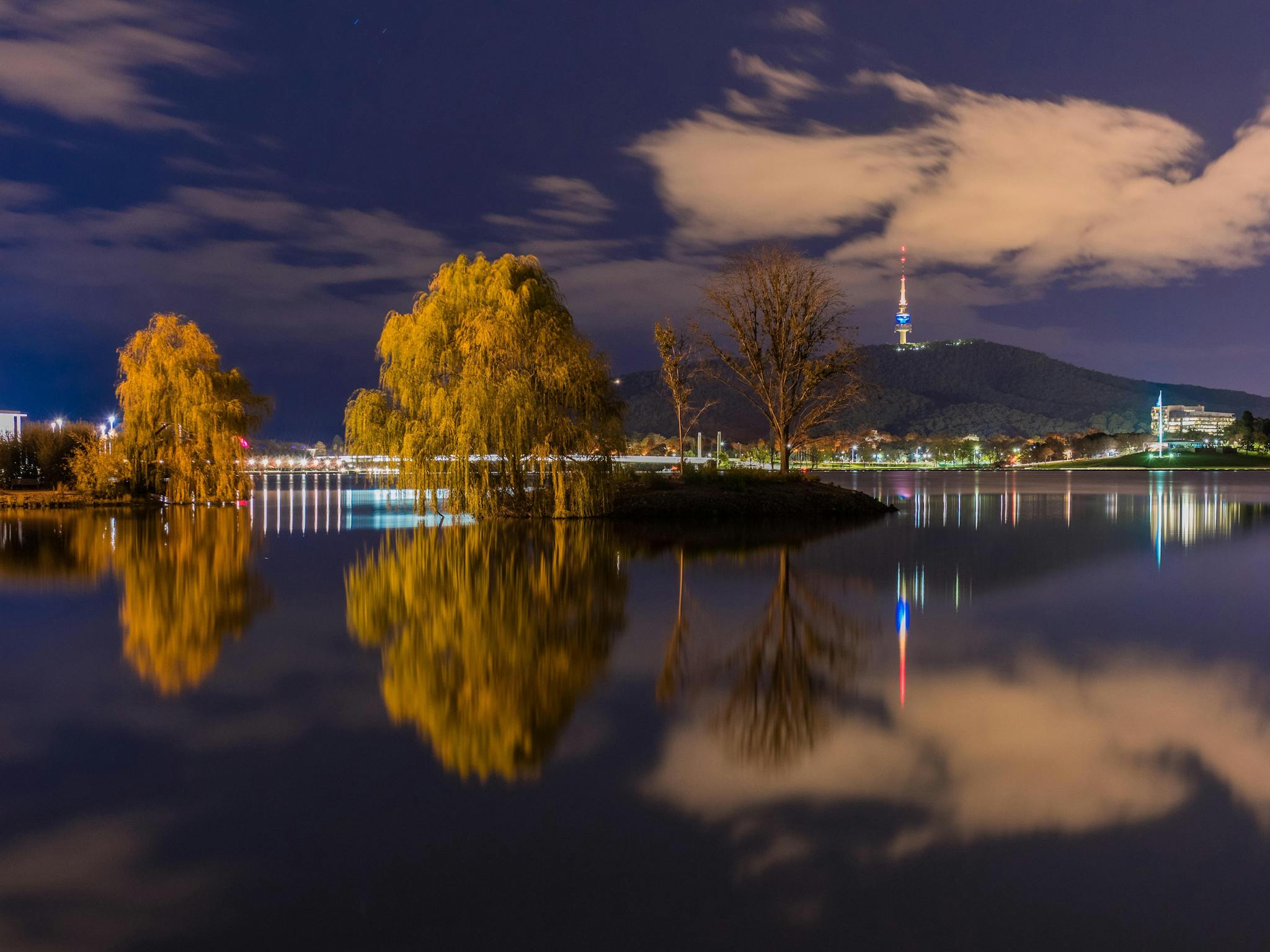 Clouds reflected in the lake at night