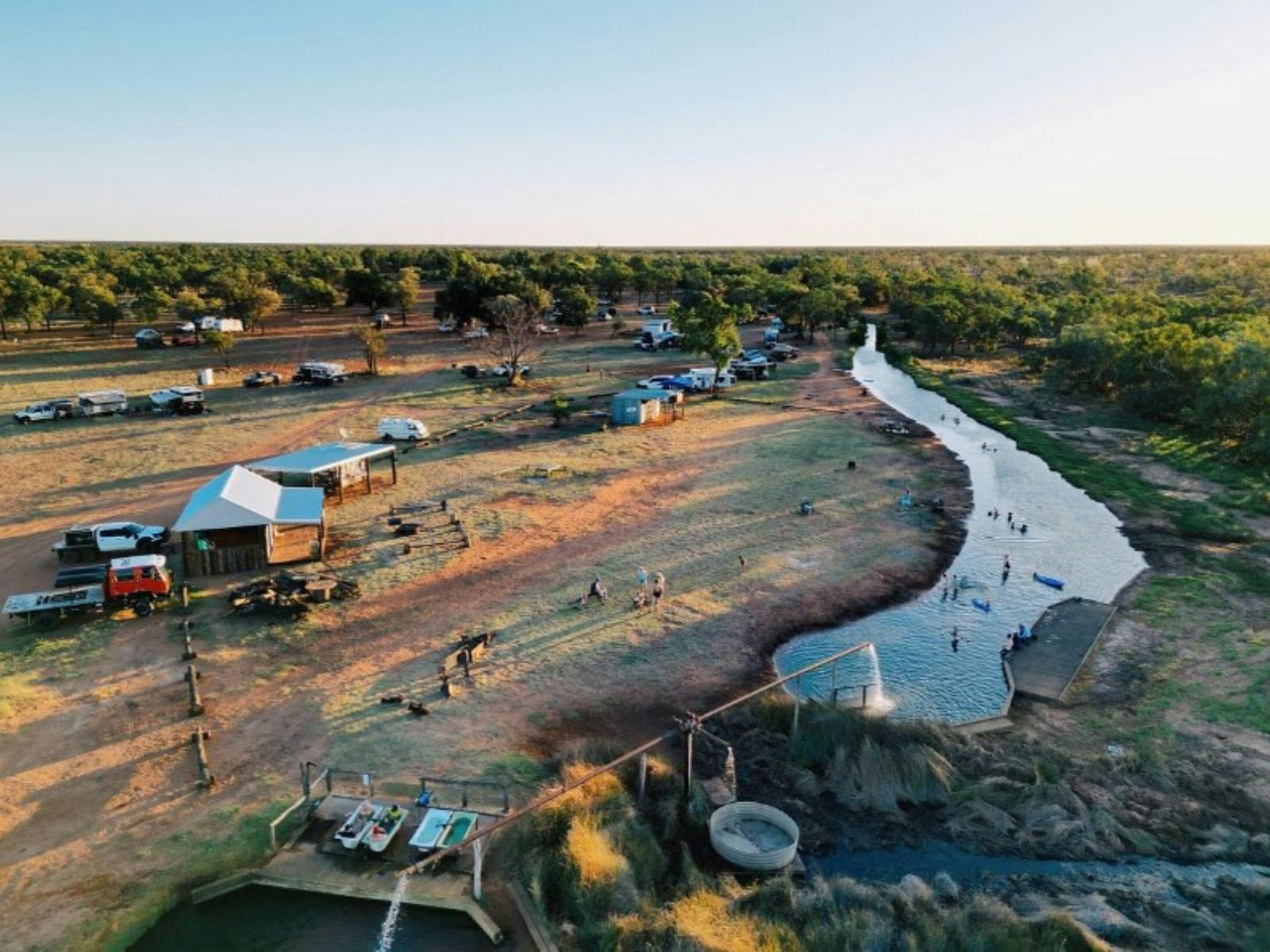 An aerial view of the scenic Bore Campsite, Charlotte Plains, Outback Queensland