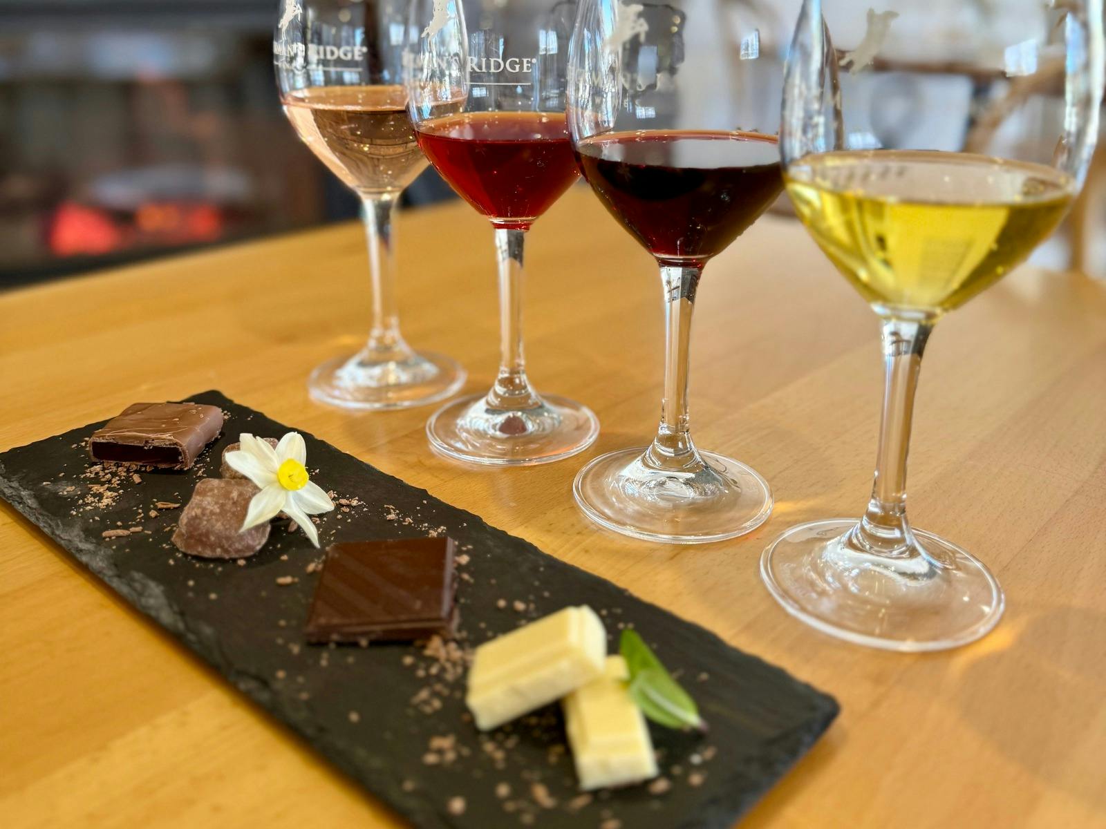 4 wines with matched chocolate at Stockmans Ridge Wines