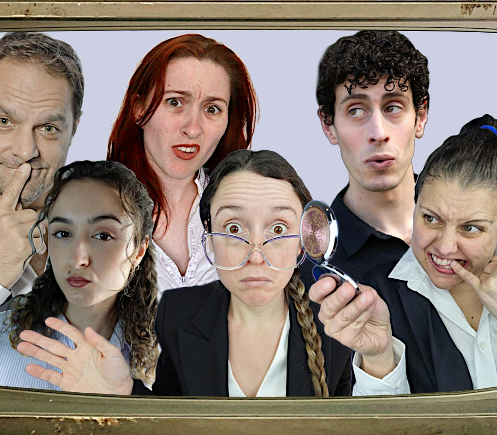 Performers dressed as news readers making funny faces