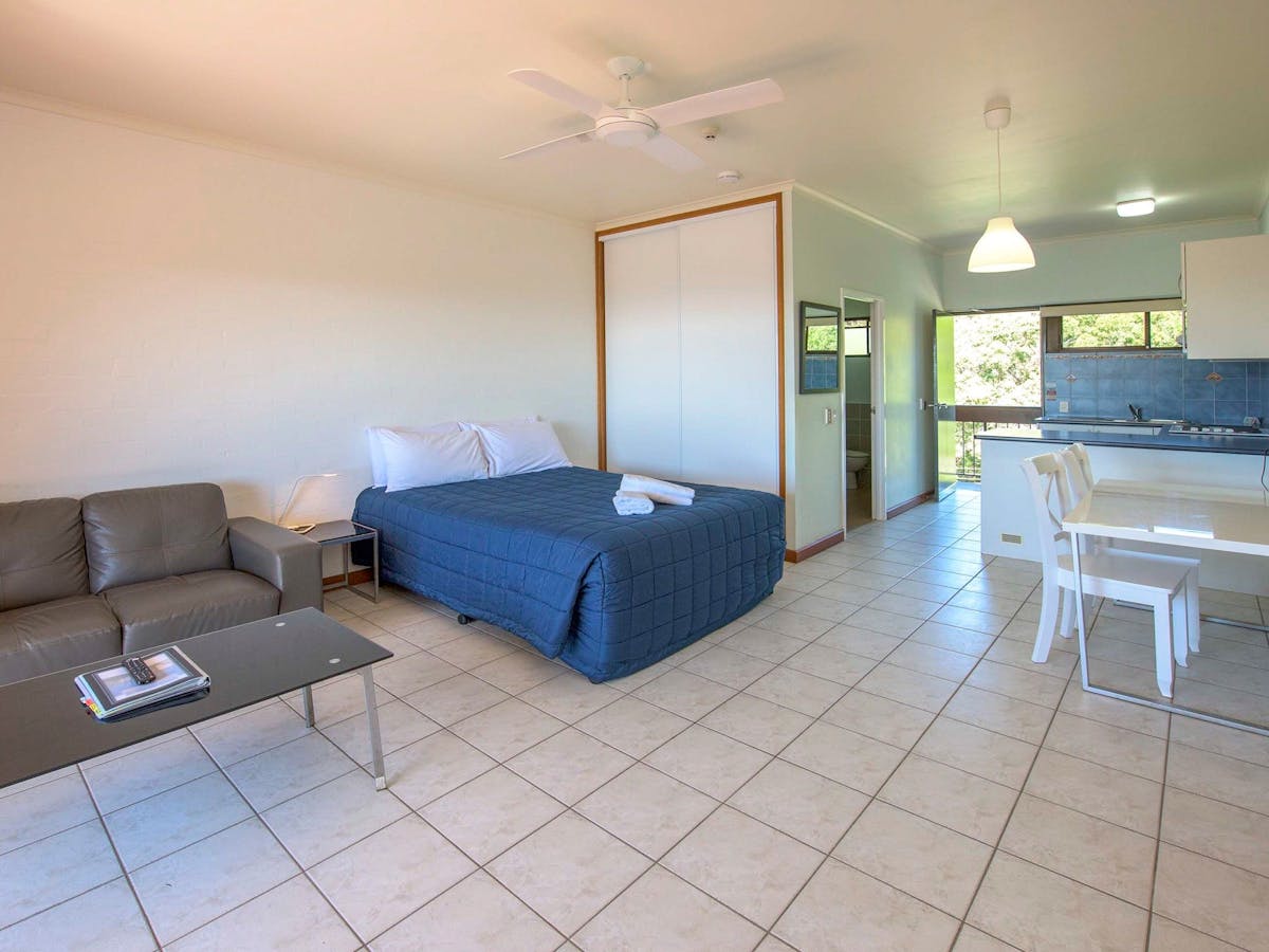 Studio Units are open plan with a queen bed, kitchenette, dining,  lounge & ocean side balcony