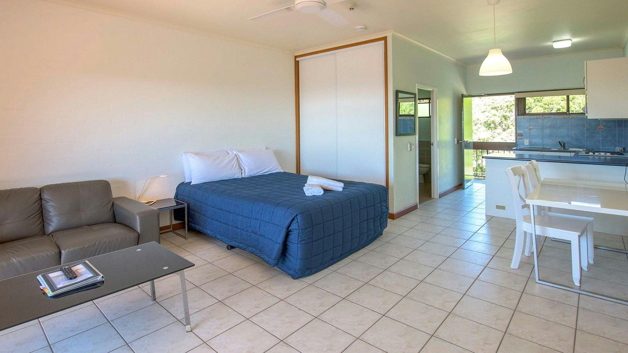Studio Units are open plan with a queen bed, kitchenette, dining,  lounge & ocean side balcony