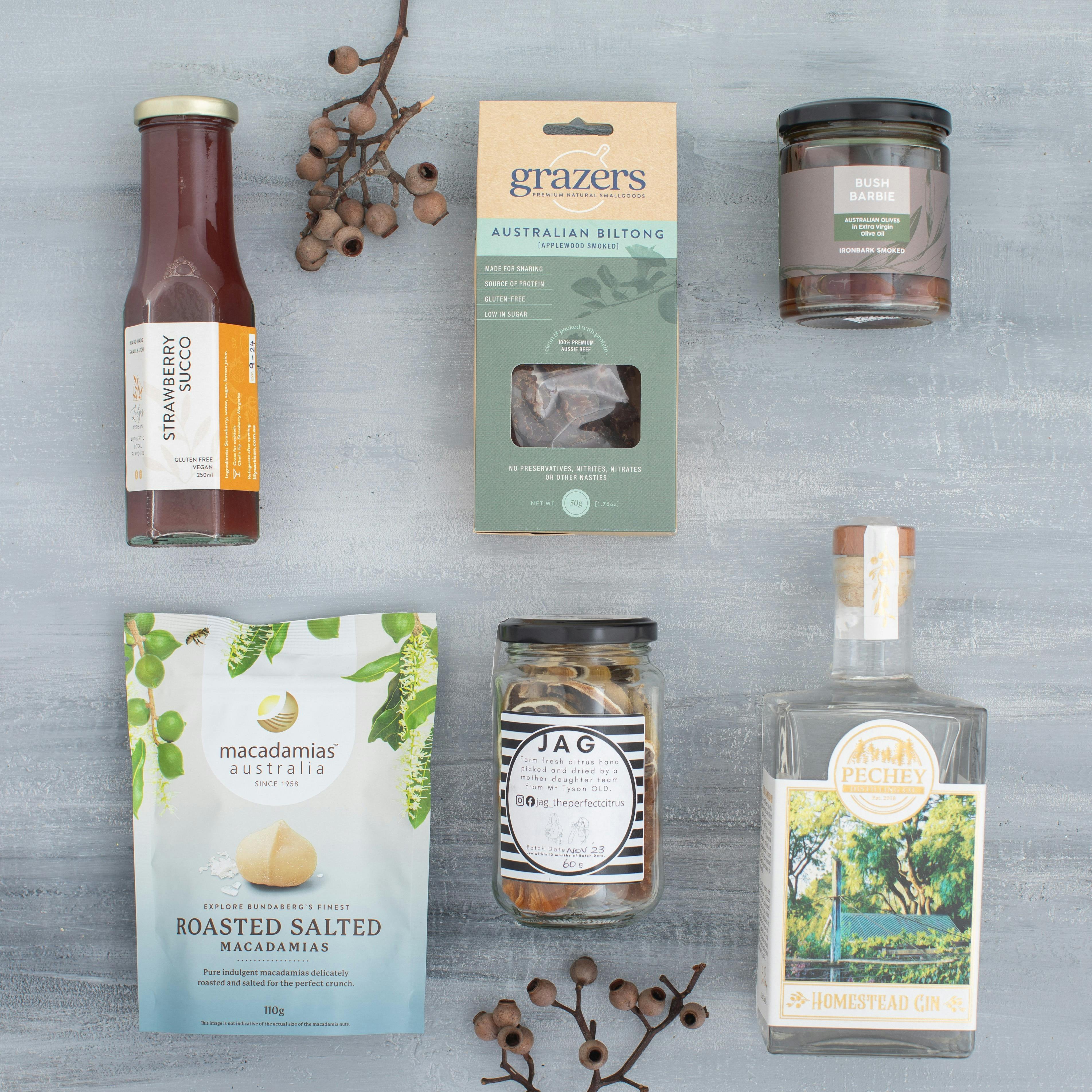 The G & T hamper brings together the finest Pechey Homestead Gin, gourmet snacks.