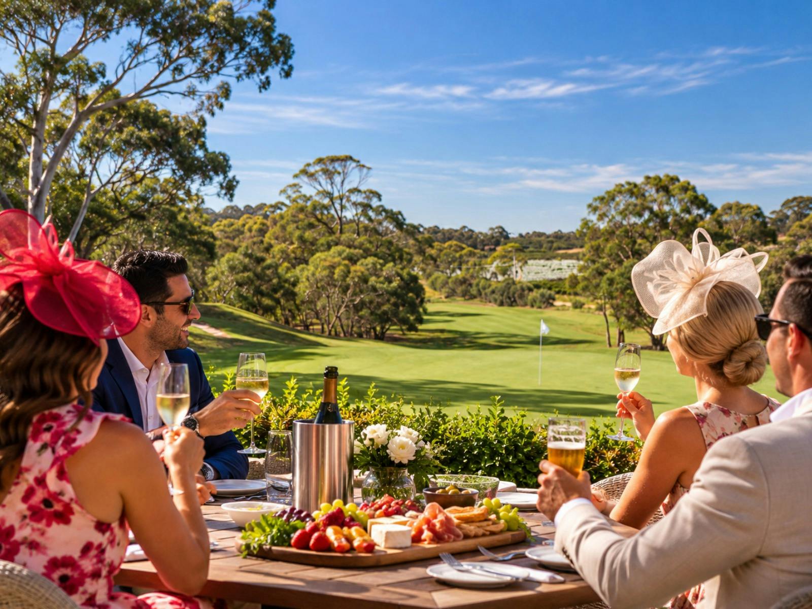 Guests enjoying wine and a charcuterie platter during a Melbourne Cup celebration, overlooking the s