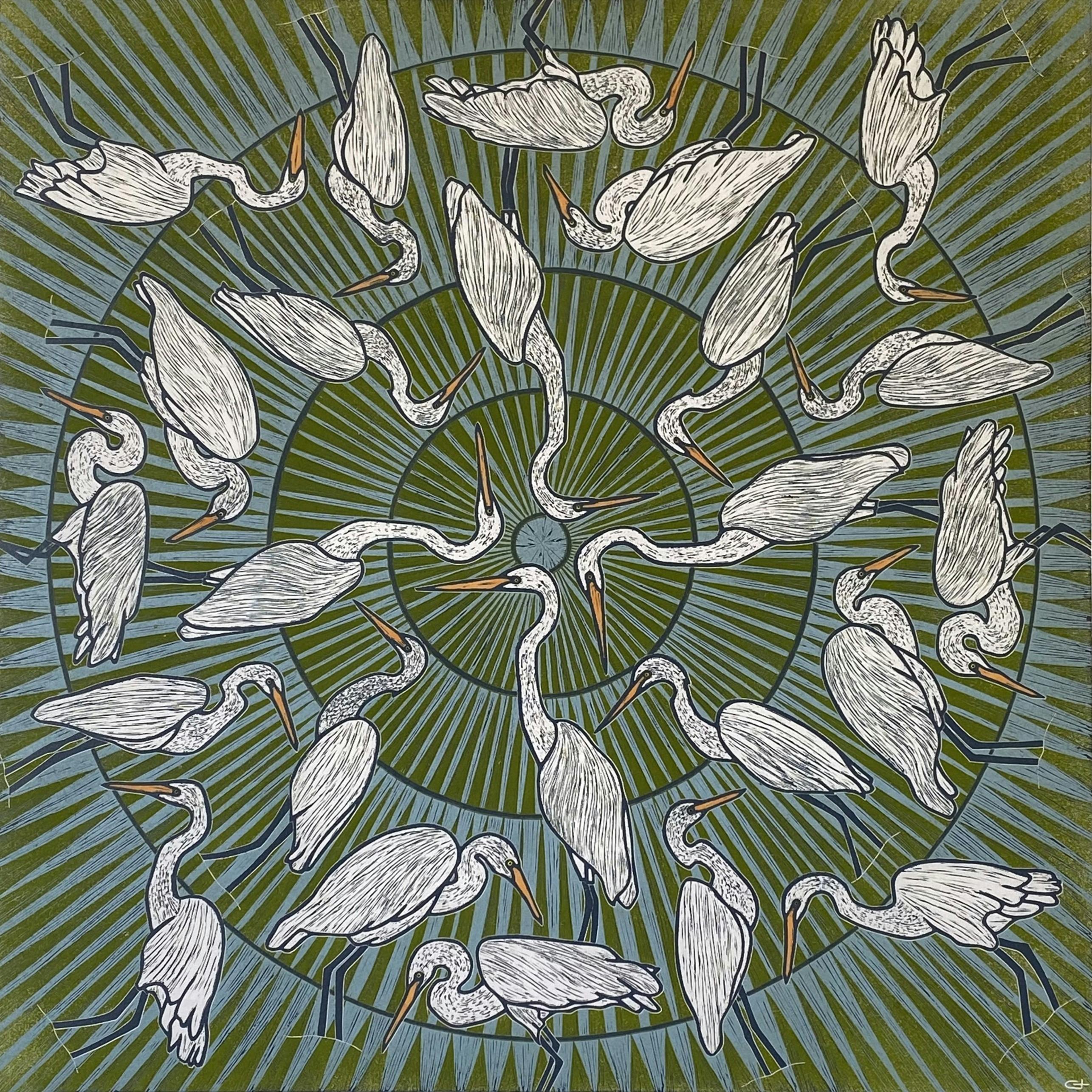 A print of illustrations of multiple herons against a background of concentric cirlces.