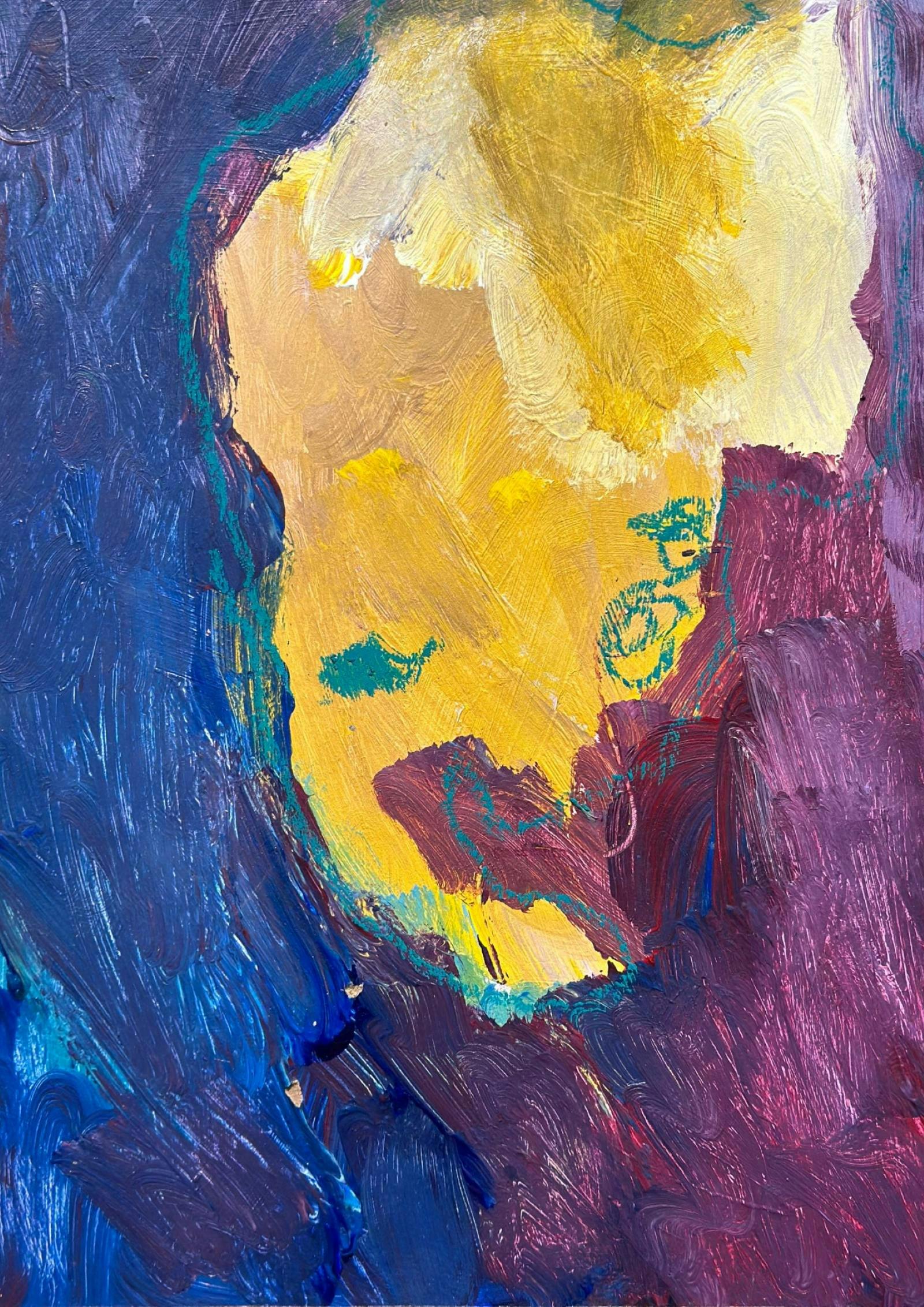 Abstract painting with a central form of shades of yellow surrounded by purple and blue  strokes