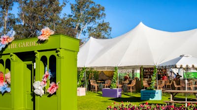 Underground Spirits Gin Garden at Floriade in Canberra, with outdoor bar, seating and spring flowers