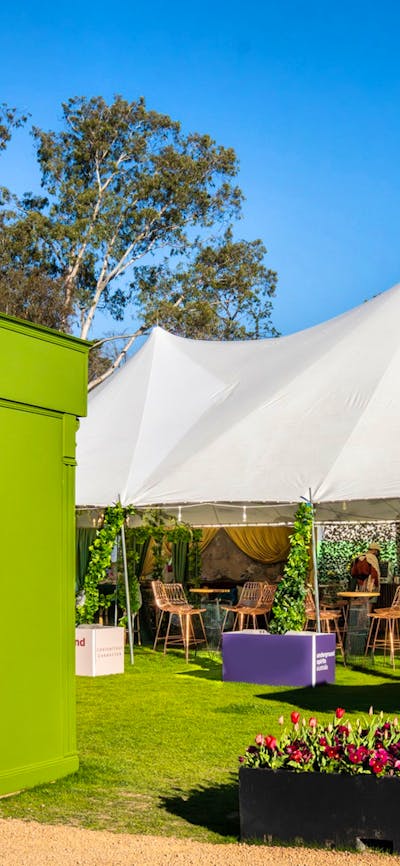 Underground Spirits Gin Garden at Floriade in Canberra, with outdoor bar, seating and spring flowers