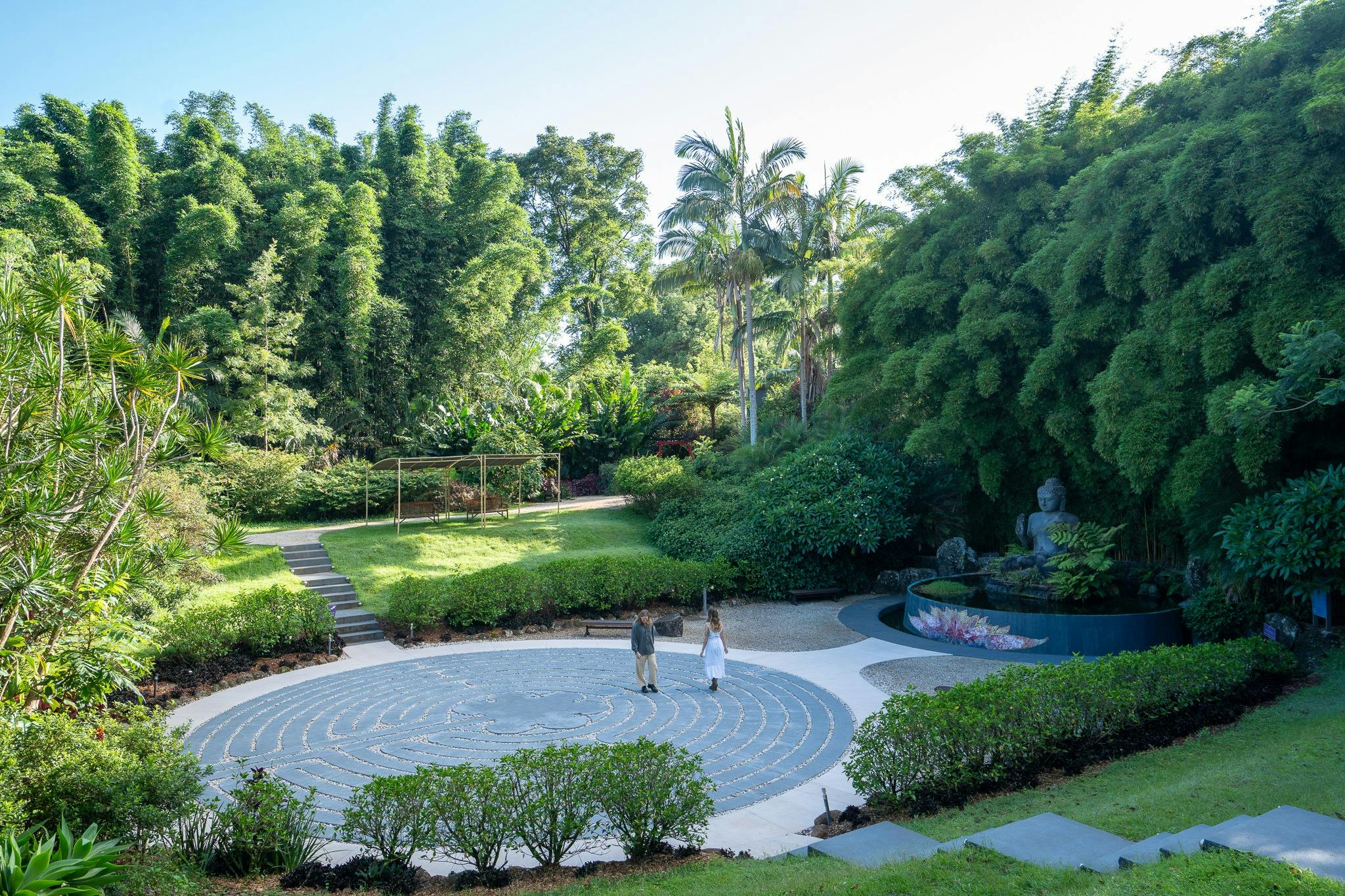 A couple walking the Labyrinth at Crystal Castle, pictured from above