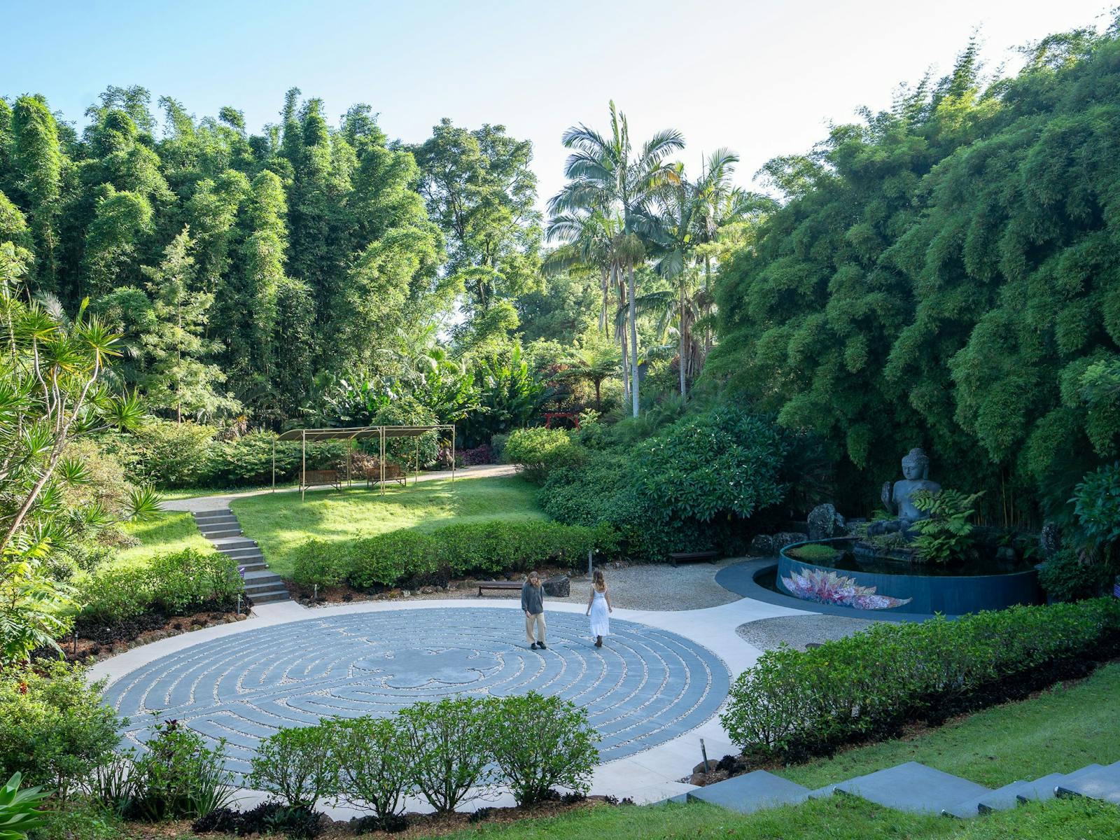A couple walking the Labyrinth at Crystal Castle, pictured from above