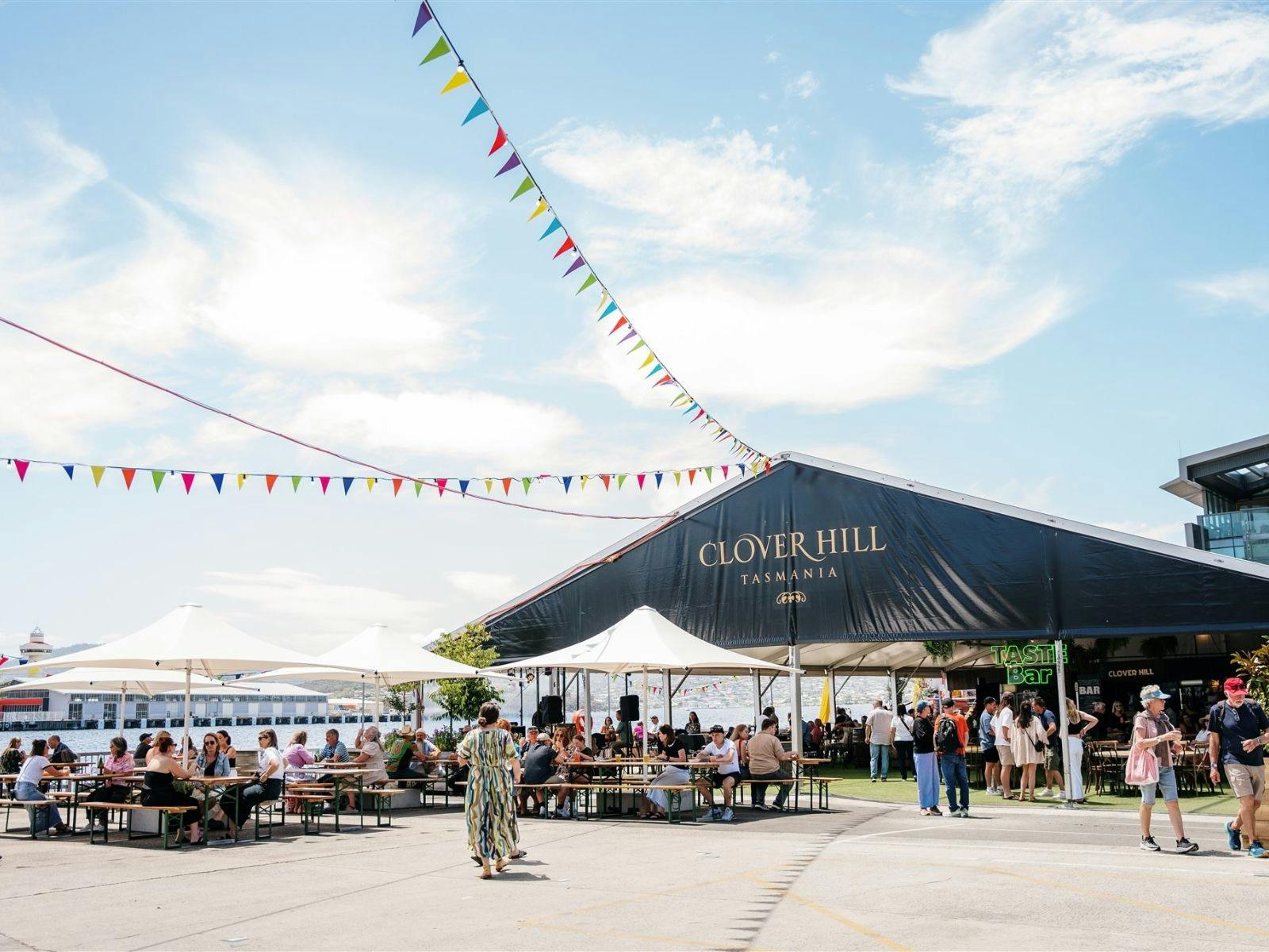 The Clover Hill marquee stands under blue skies on a bright summer’s day in Hobart.