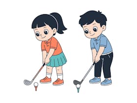 A girl with a long ponytail getting ready to hit a golf ball alongside is a boy ready to swing his.