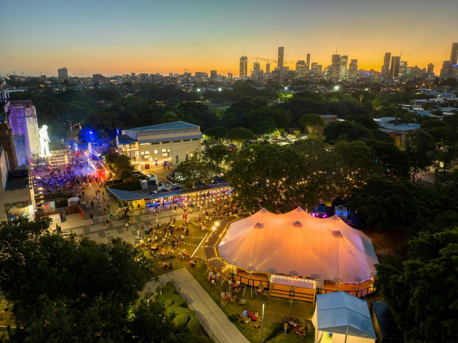 An aerial view of Brisbane Powerhouse at dusk. An aerial view of Brisbane Powerhouse at dusk.