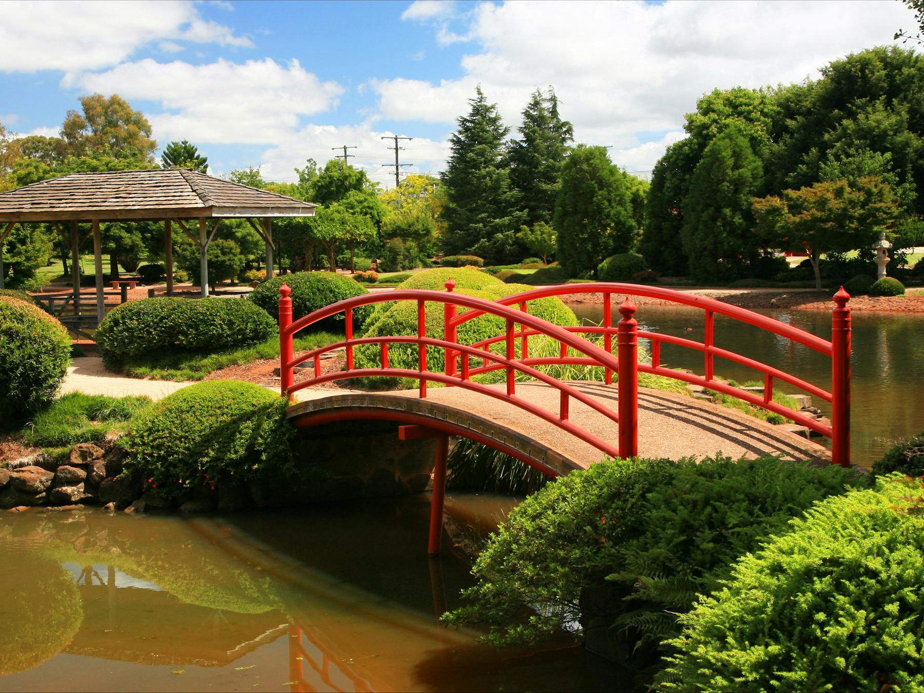 red bridge over water in the Japanese Gardens Toowoomba