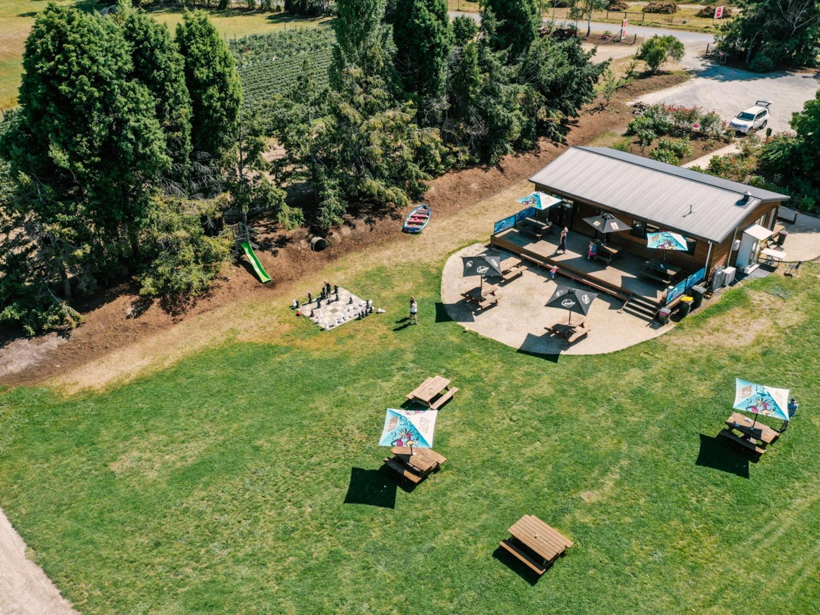 Overhead view of the cafe and picnic tables.