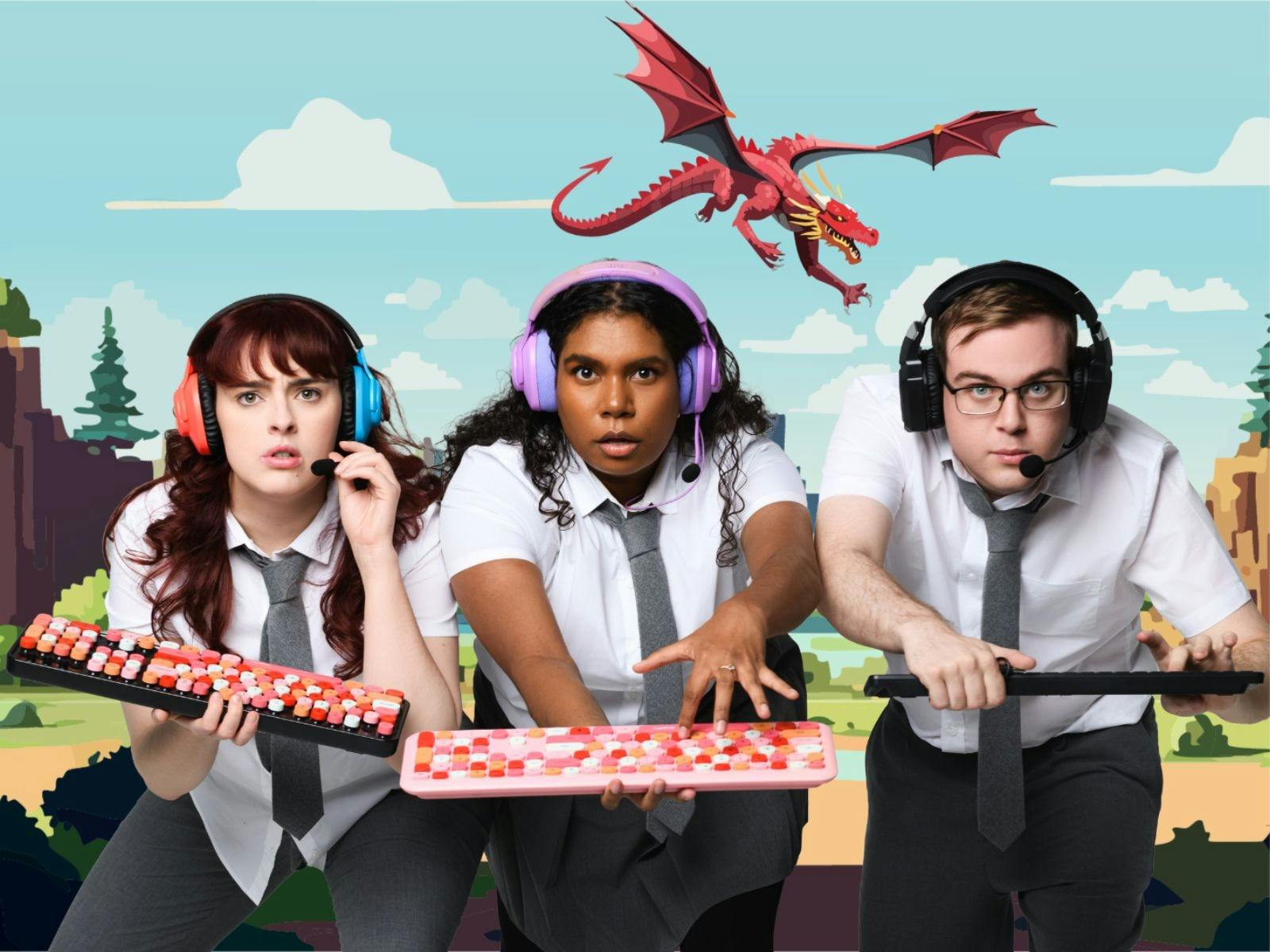 3 adolescence kids with keyboards and cartoon dragon in background